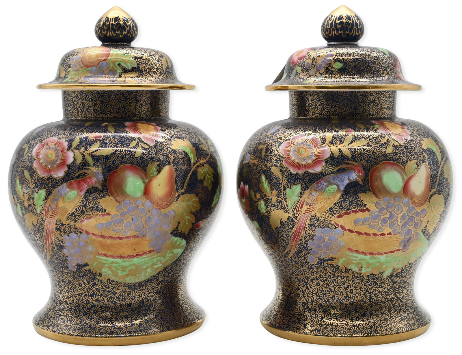 Pair of Spode Copeland for Tiffany & Co. Chinese Style Ginger Jars: Pair of Spode Copeland for Tiffany & Co. Chinese Style Ginger Jars each of baluster form having domed lid and knob finial, decorated in cobalt blue ground and dense gilt floral pattern, in polychrome 
