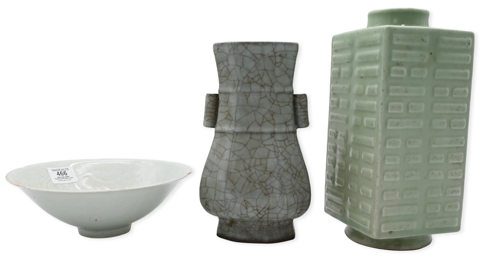 Three Chinese Celadon Porcelain Articles: Three Chinese Celadon Porcelain Articles to include one Hutian ware style conical bowl covered in a celadon glaze, height 3 inches, diameter 8 1/2 inches, one Ge kiln style vase bearing tubular handle