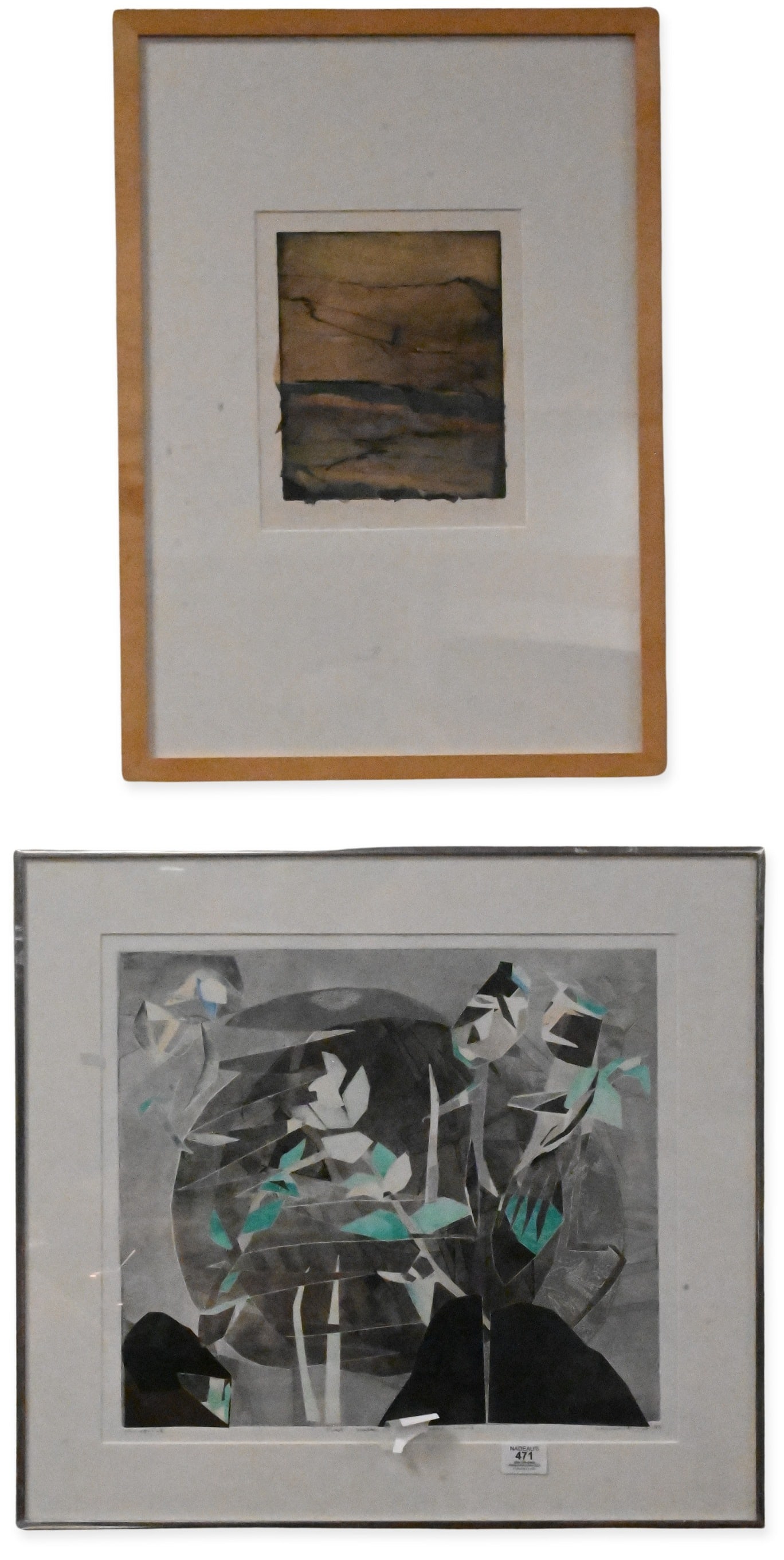 Five Piece Framed Abstract Mixed Media Lot: Five Piece Framed Abstract Mixed Media Lot to include Lenore Fried (20th Century) "First Walk in the New World", 1983 Monoprint Signed lower right Lenore Fried 23" x 25" frame Provenance: The Sande We