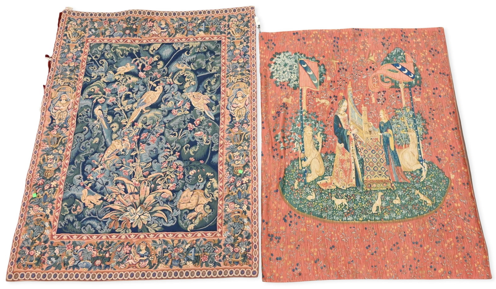 Two Flemish Style Tapestries: Two Flemish Style Tapestries To include a tapestry after The Lady and the Unicorn series depicting a noblewoman playing a harp attended by a maiden amidst animals and flowering foliage, 3'7" x 4'10", 