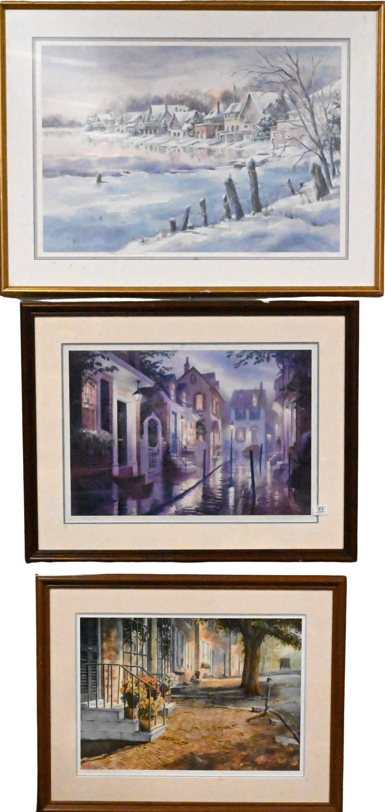Five Large Framed Decorative Street Scenes: Five Large Framed Decorative Street Scenes to include Bart Phillips Sloane (American 20th Century) "Cat's and' Dogs" Offset lithograph, edition 249/950 Signed lower right Bart Phillips Sloane 28" x 36
