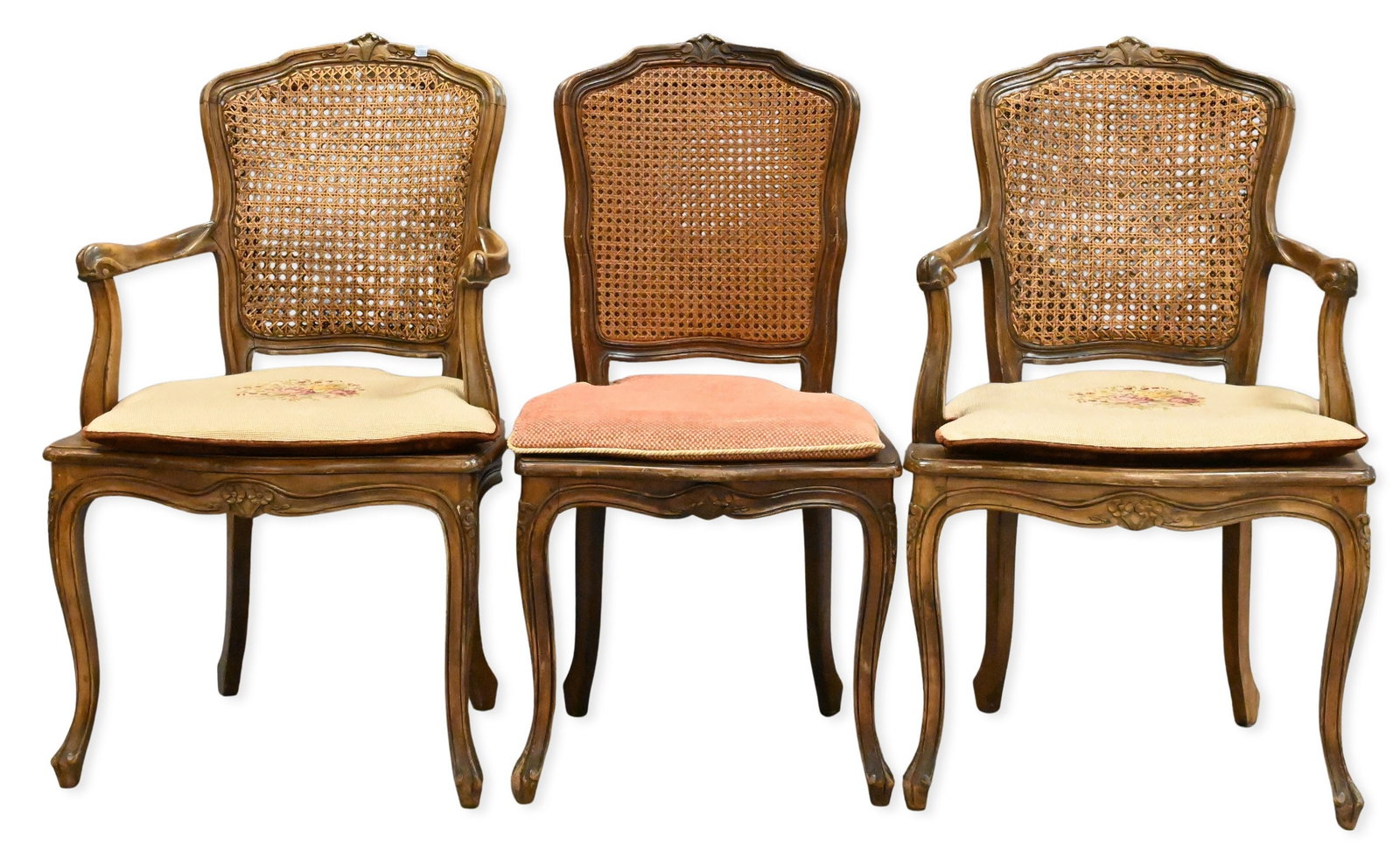 Three Louis XV Style Chairs: Three Louis XV Style Chairs having caned seats, backs, and custom cushions height 37 inches