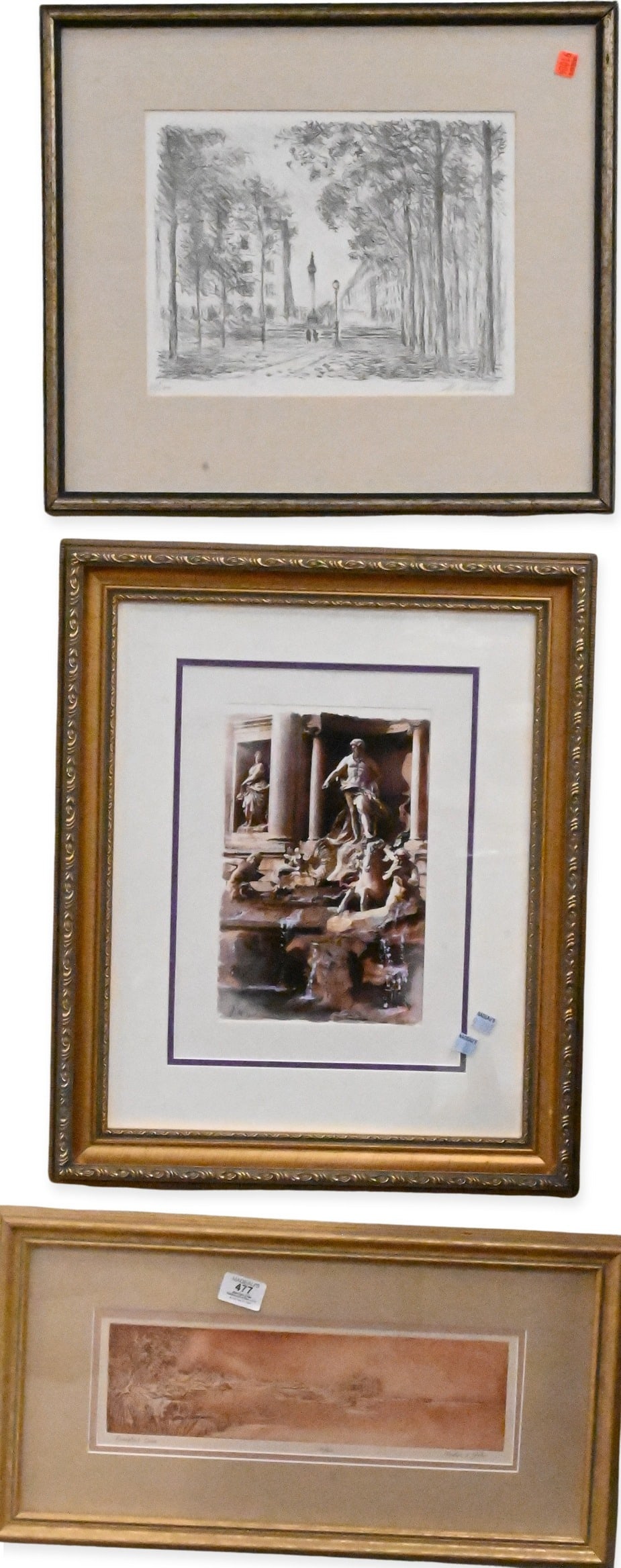 Group of Twelve Framed Decorative Prints and Works on Paper: Group of Twelve Framed Decorative Prints and Works on Paper including works by Mathilde Duffy (Rugged Beauty and Scallop Field), a signed etching titled Fontainebleau, Michel Cascella (Italian 1892-19