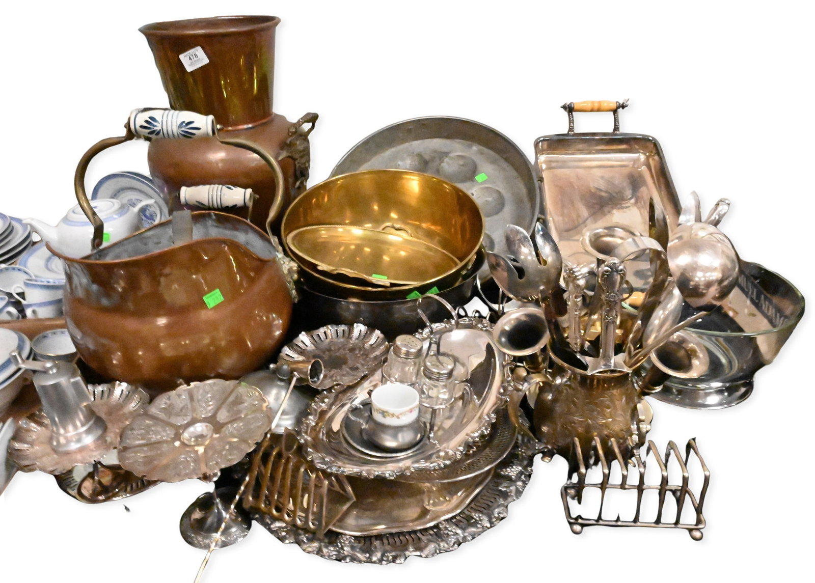Group of Copper Cookware, Silver Plate, and Decorative Metal Articles: Group of Copper Cookware, Silver Plate, and Decorative Metal Articles Including a group of copper cookware comprising covered pots, pans, and saucepans, jardinieres and planters, a copper coal scuttle