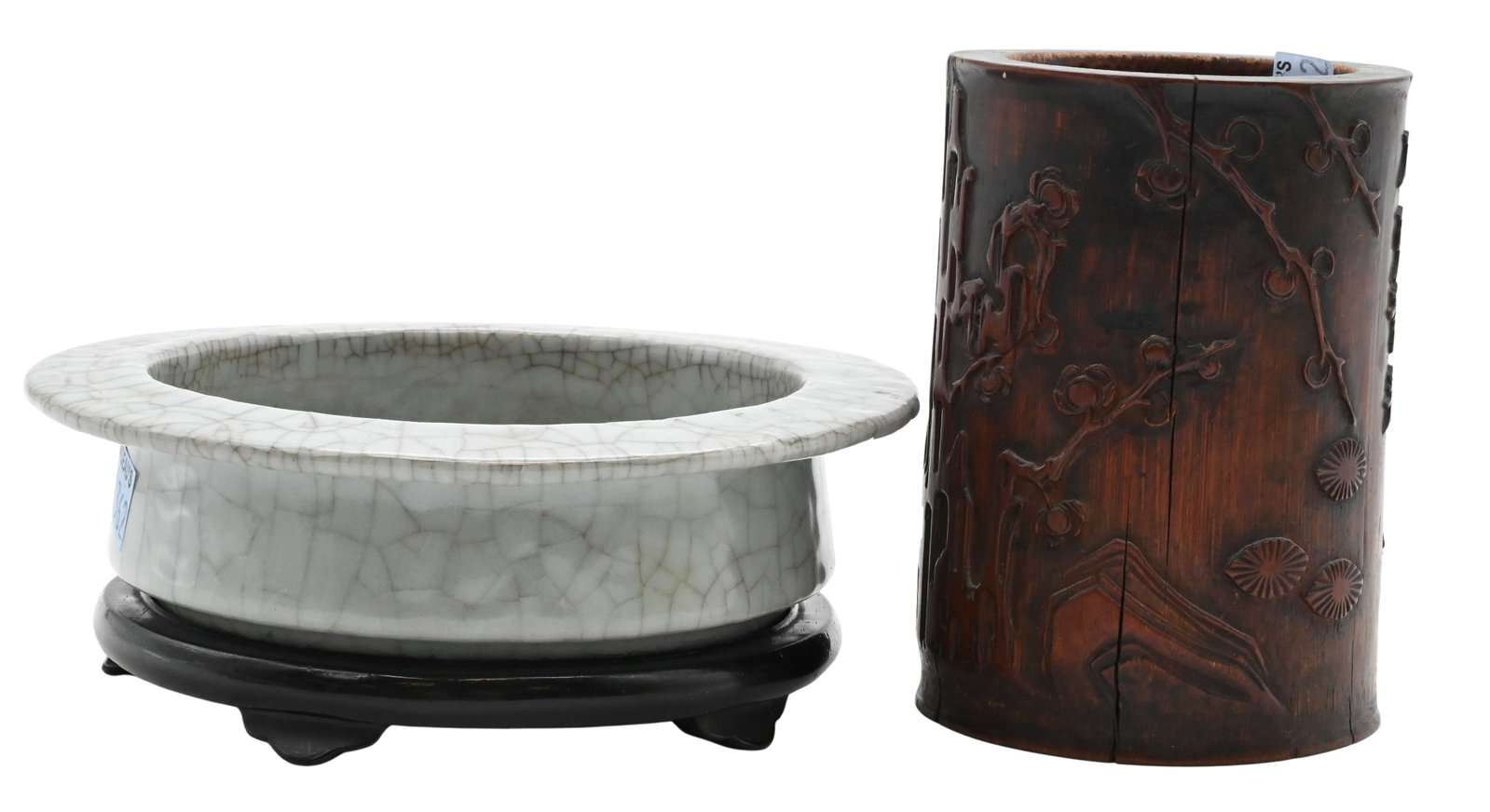 Two Piece Chinese Lot: Two Piece Chinese Lot to include hardwood brush pot, height 5 inches, and crackle glaze cedalon wash pot and stand, diameter 6 1/2 inches