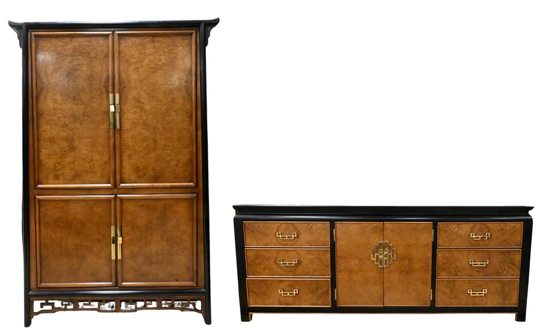 Century Furniture Company Triple Dresser and Cabinet with Two Mirrors: Century Furniture Company Triple Dresser and Cabinet with Two Mirrors large cabinet having four doors and mens tall chest having two doors, in Asian taste dresser height 31 inches, chest height 82 1/2