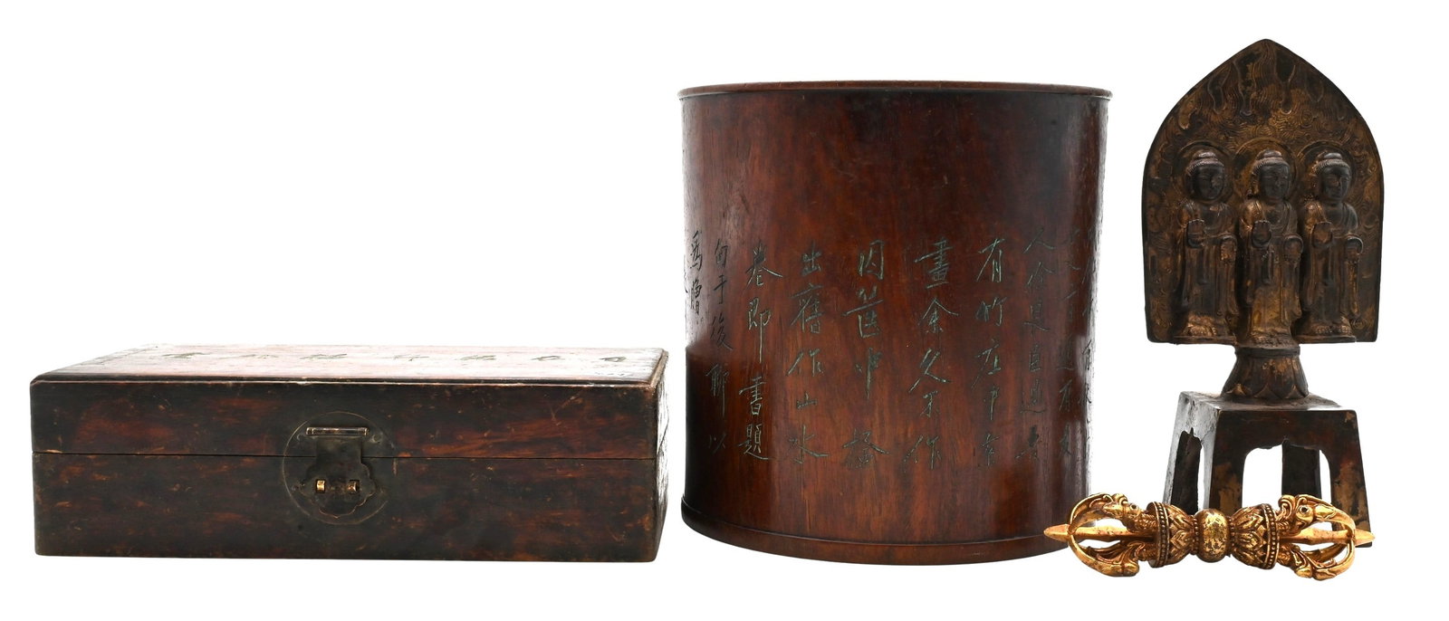 Four Piece Asian Group: Four Piece Asian Group to include a gilt bronze Tibetan vajra (dorje), a Chinese bronze Wei style three Buddha shrine raised on a four-legged stand and surmounted by a flame-form mandorla, a hardwood