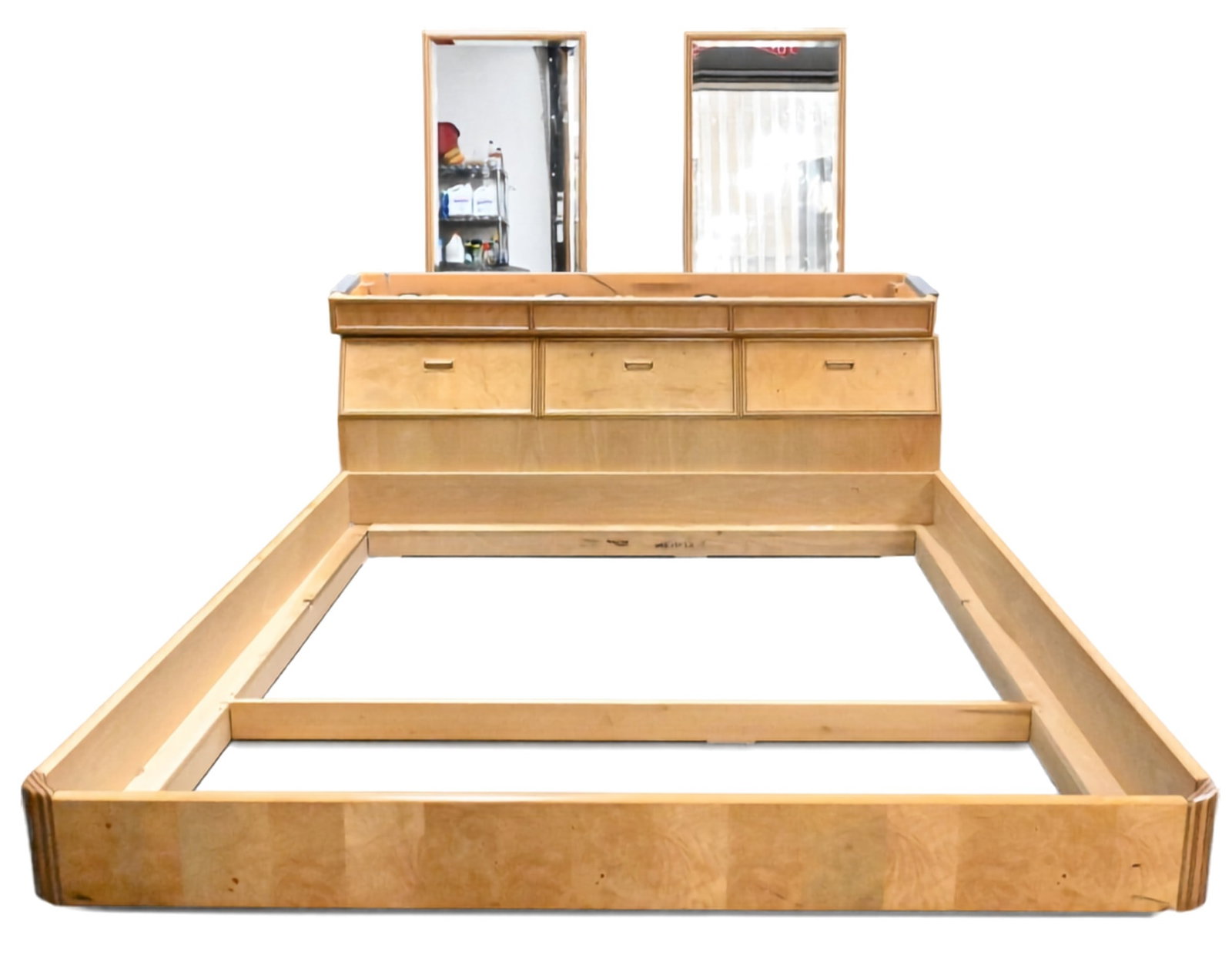 Henredon "Scene Two" Burlwood King Size Bed: Henredon "Scene Two" Burlwood King Size Bed having large central mirrored headboard with built in storage. Along with two additional mirrors. Width 80", total length 102"