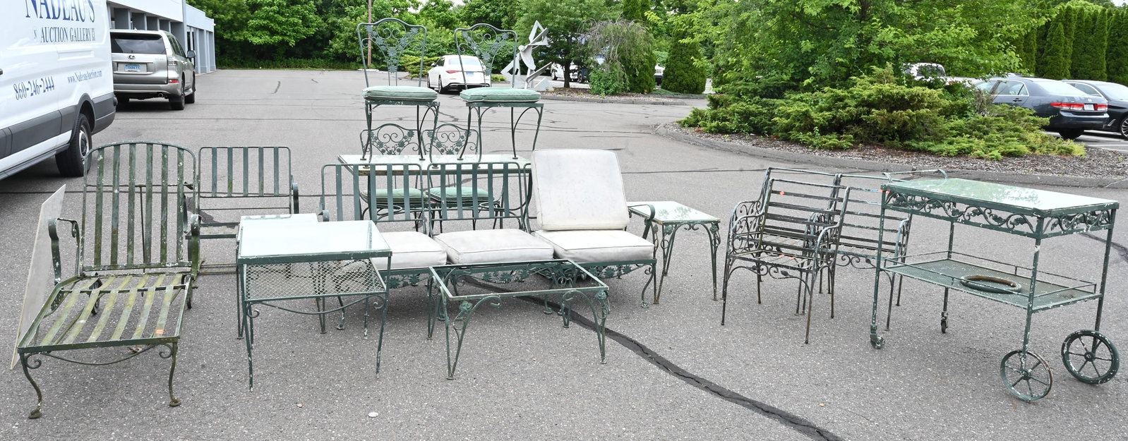 15 Piece Metal Outdoor Set: 15 Piece Metal Outdoor Setto include glass top table, chairs, lounge chair, bar cart, etclength 58 inches
