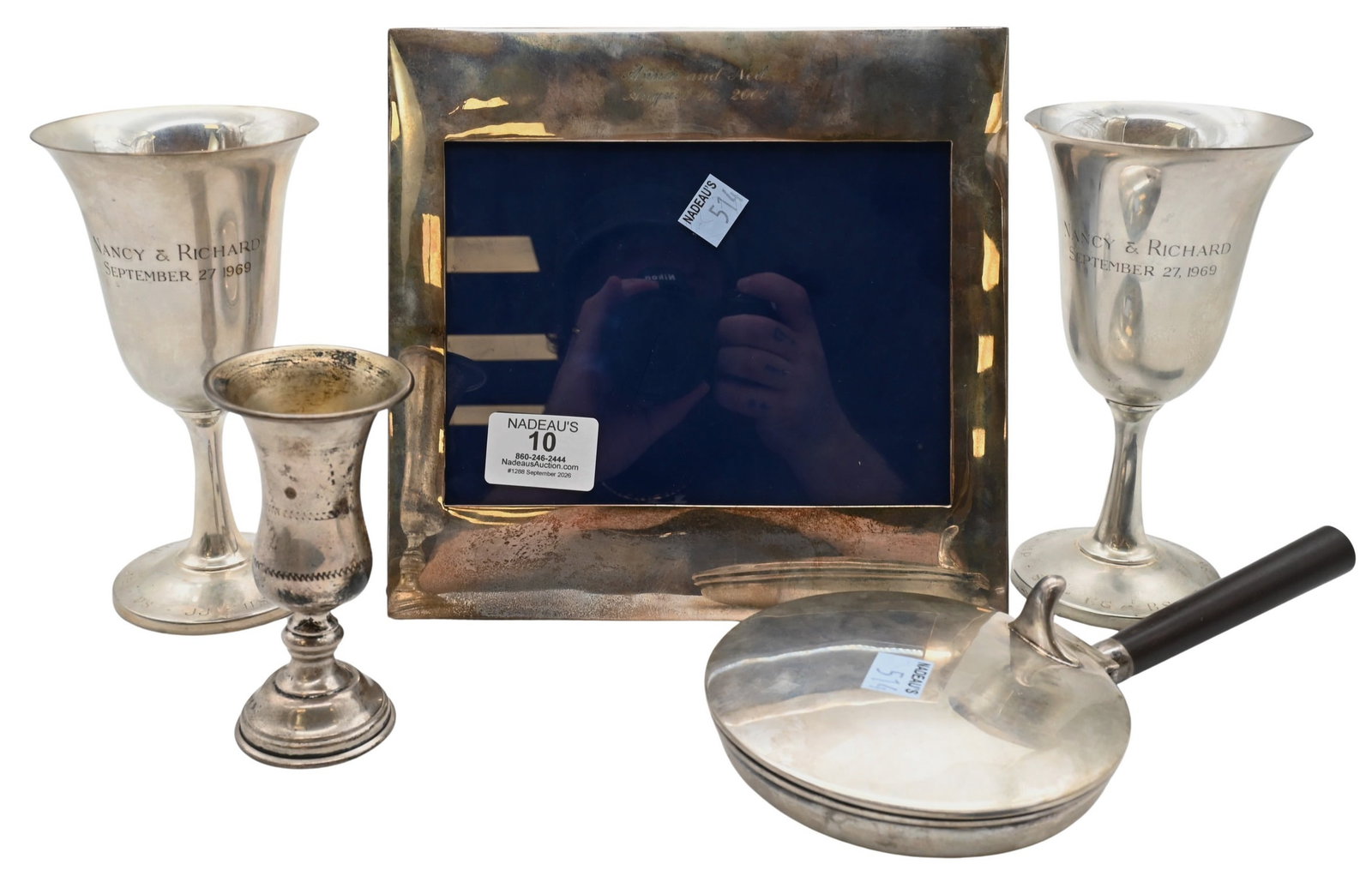 Five Piece Sterling Silver Group: Five Piece Sterling Silver Group to include picture frame, pair of goblets, small cup and wooden handle, silent batter / crumb catcher goblet height 6 3/4 inches, frame 8 1/2" x 8 1/2", total weight