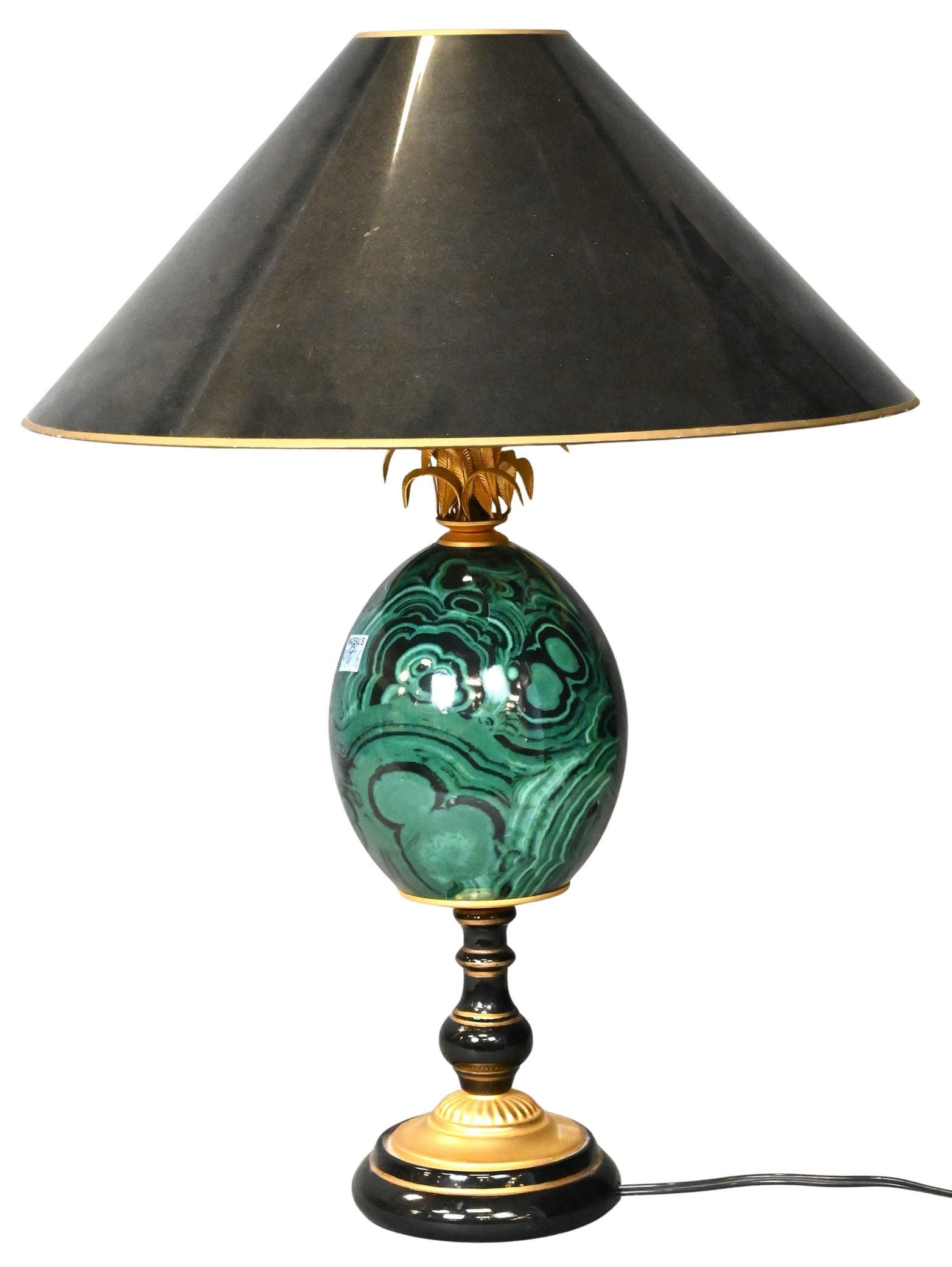 Frederick Cooper Style Faux Malachite Egg-Form Table Lamp: Frederick Cooper Style Faux Malachite Egg-Form Table Lamp porcelain egg body surmounted painted wood base, featuring gilt metal bouquet, retaining black lacquered paper shade height 21 inches
