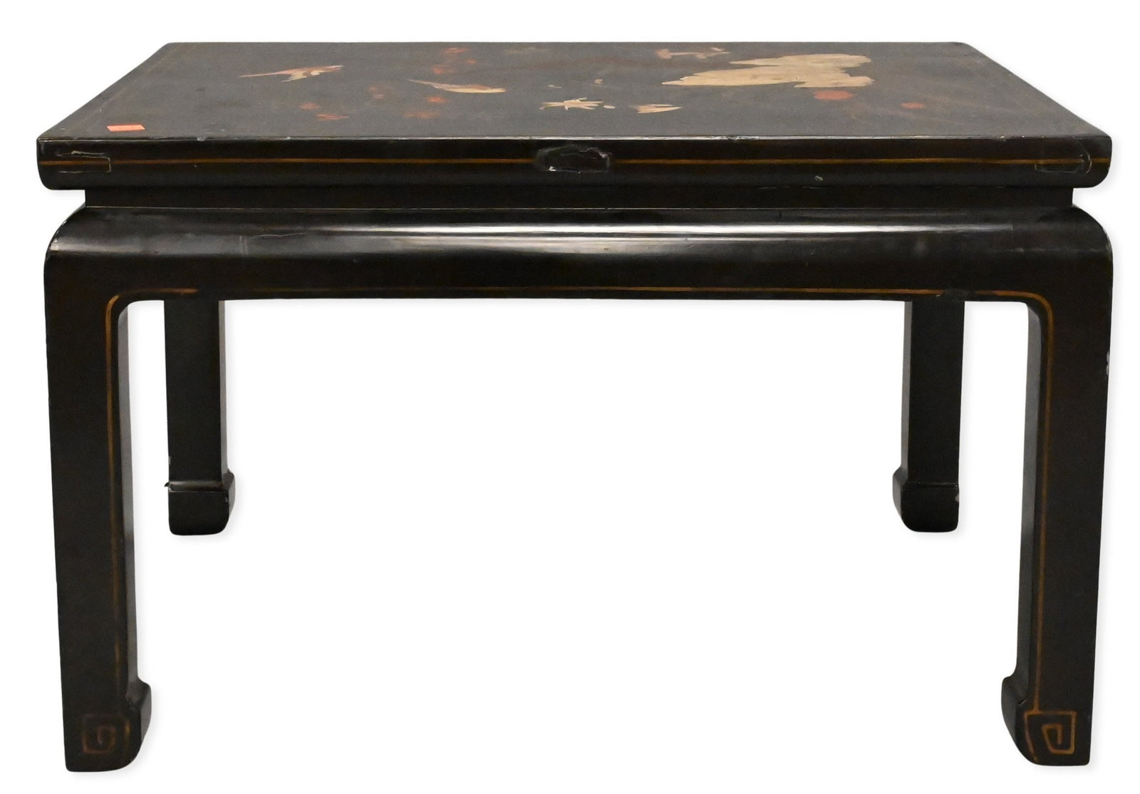 Black Lacquered Chinoiserie Coffee Table: Black Lacquered Chinoiserie Coffee Table Having a rectangular lacquered top decorated in birds, flowering branches, rockwork, and gilt highlights within line borders, raised on square legs joined by