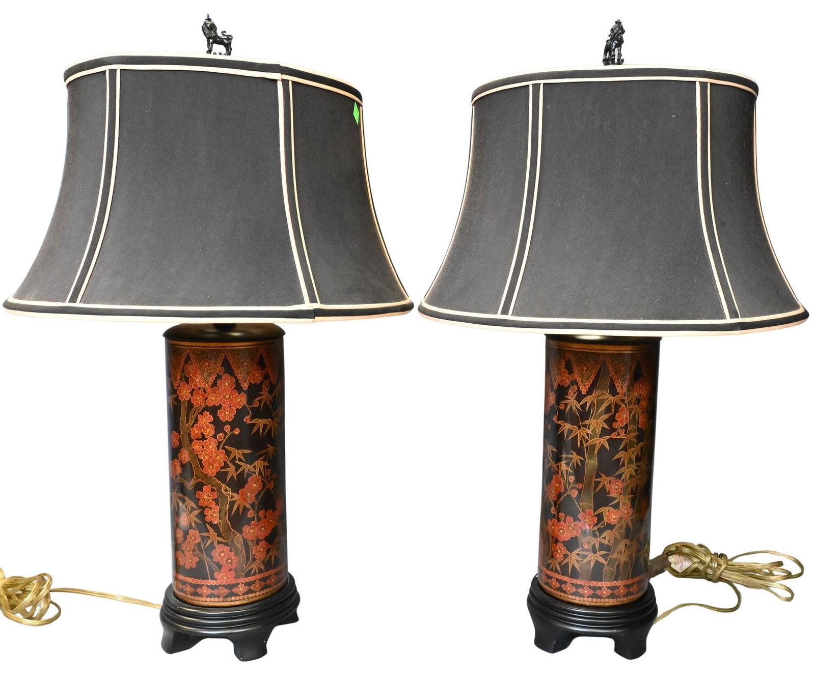 Pair of Frederick Cooper Chinoiserie Porcelain Table Lamps: Pair of Frederick Cooper Chinoiserie Porcelain Table Lamps depicting birds in bamboo and flowering branches, mounted on black lacquer style bases, lion and crown finials height 28 inches