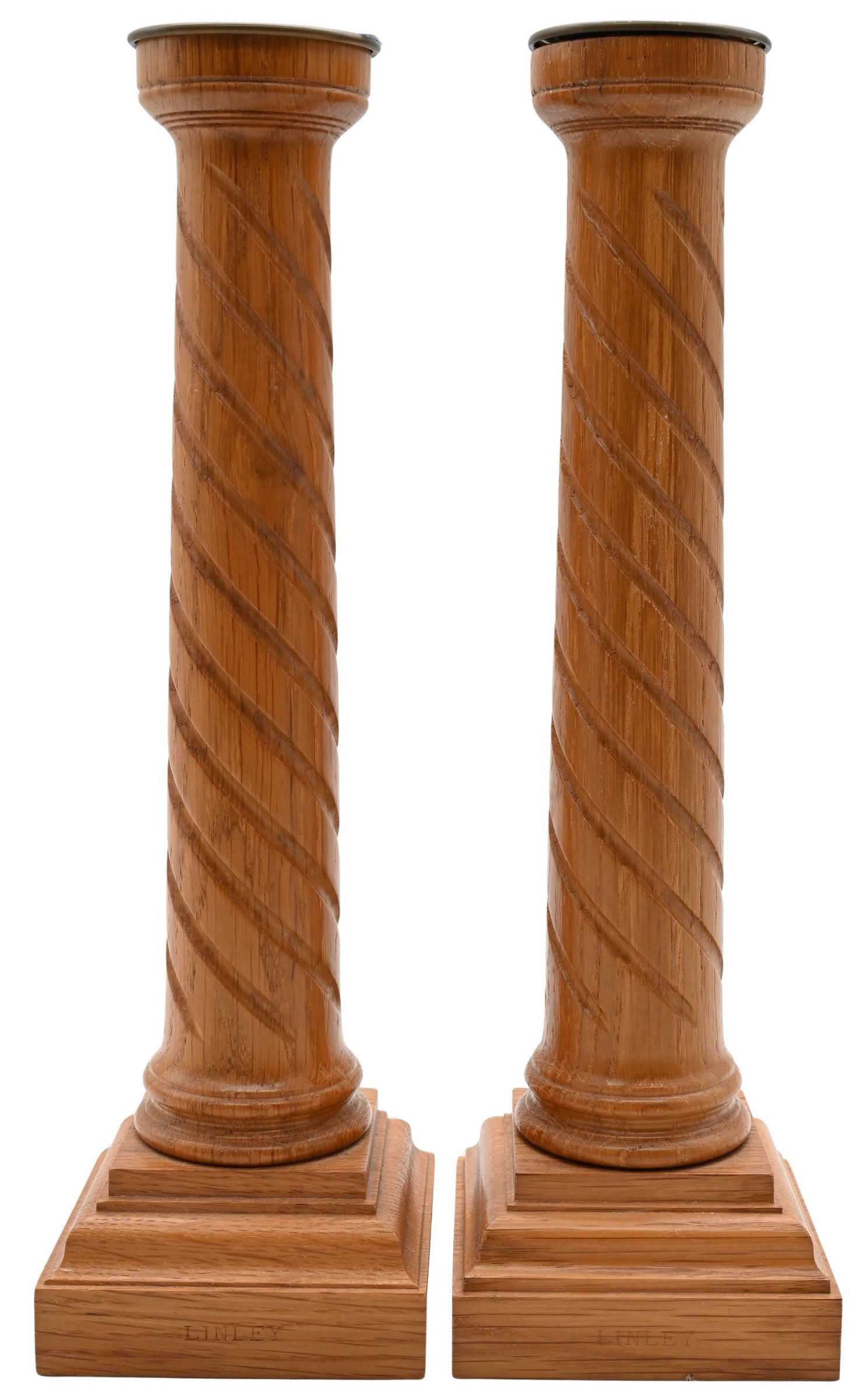 David Linley (English, B. 1961) Pair of Carved Wood Candlesticks: David Linley (English, B. 1961) Pair of Carved Wood Candlesticks Each having a twisted column-form standard raised on a stepped pedestal base, fitted with brass bobeches. Marked "Linley." height 12