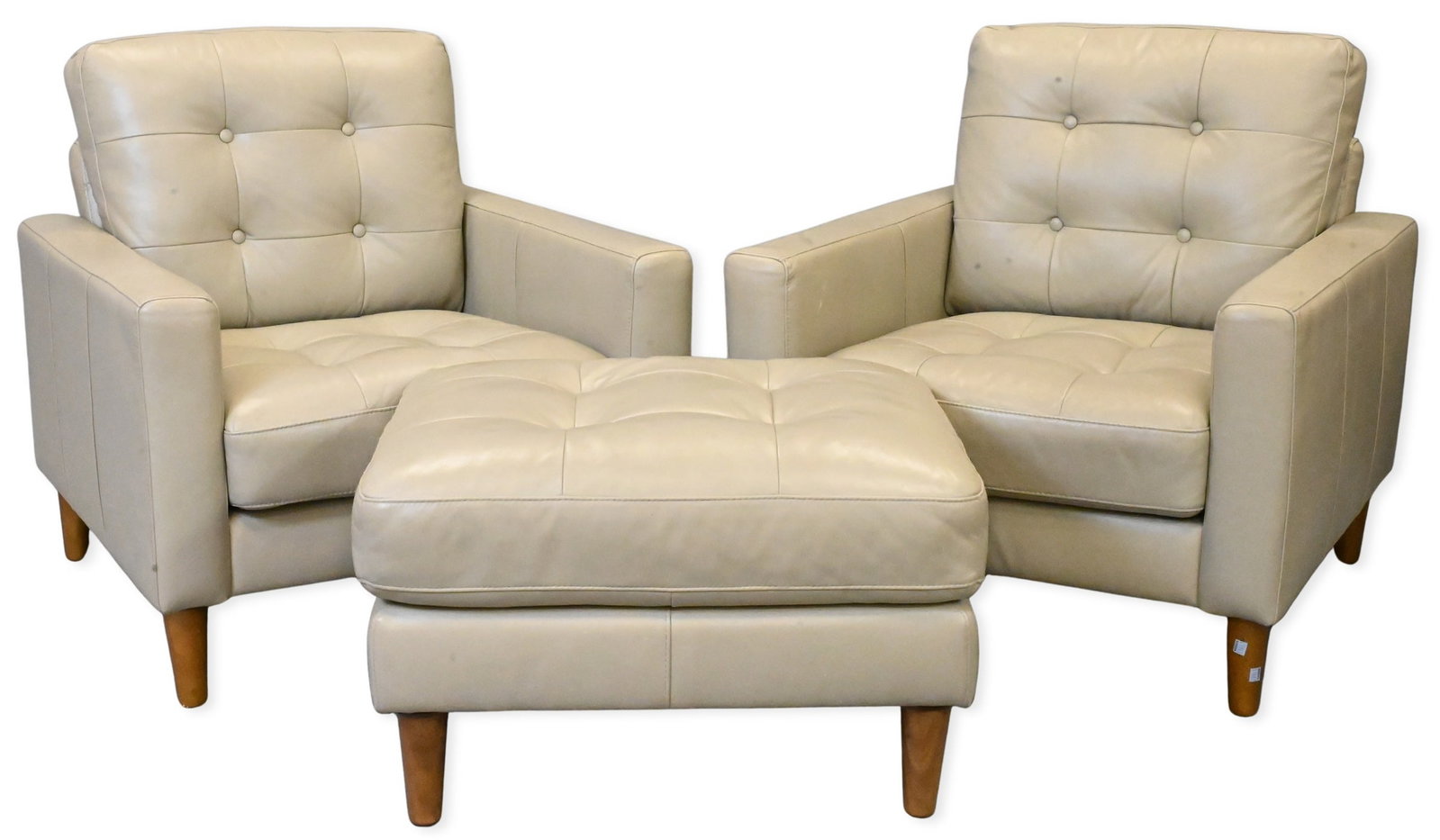Pair of Leather Club Chairs: Pair of Leather Club Chairs having tufted back and seat cushions, small wood legs, along with matching ottoman height 36 inches, length 35 1/2 inches, width 33 1/2 inches, foot stool 20" x 29" x 22