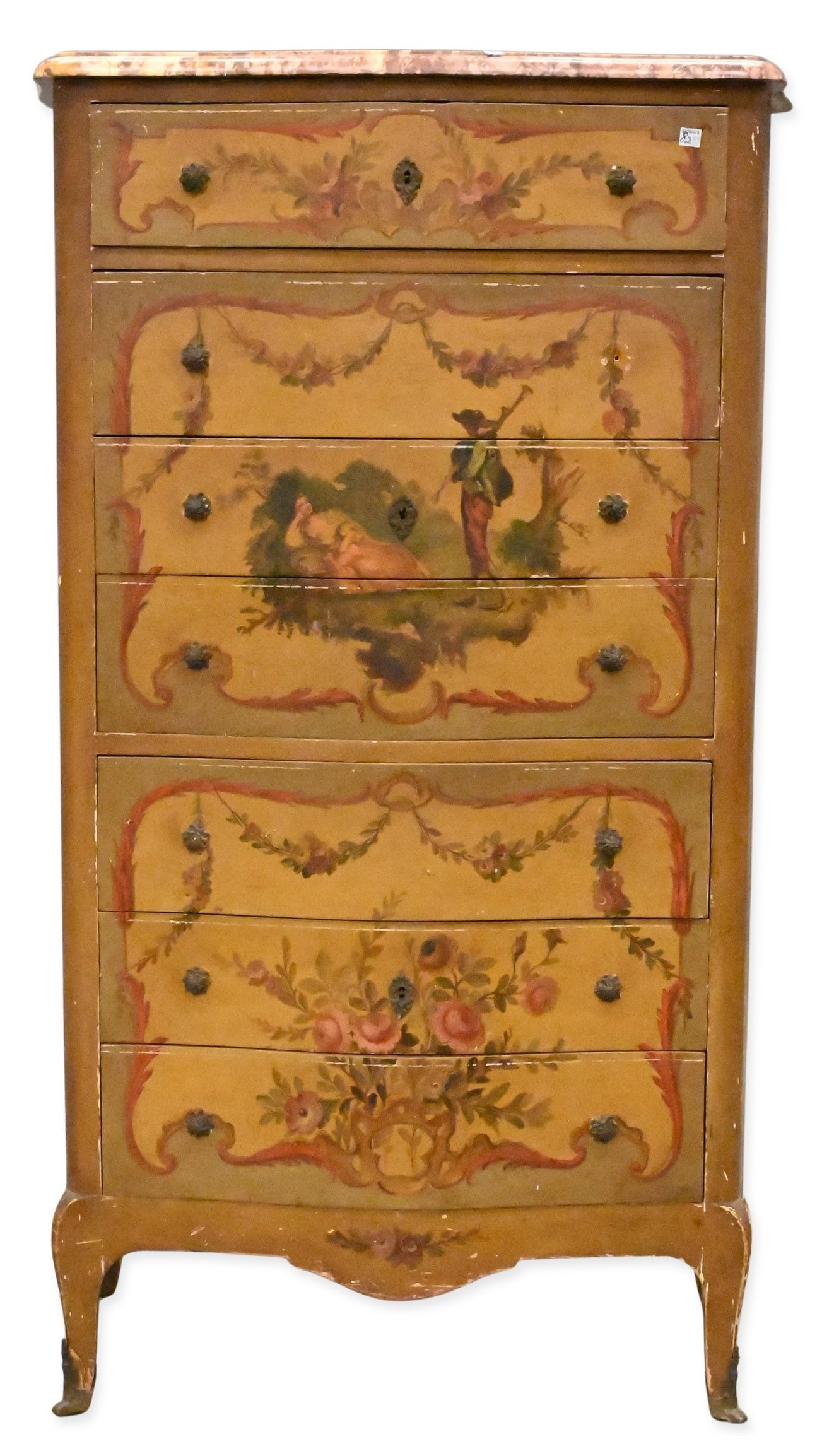 Italian Rococo Style Marble Top Lingerie / Tall Chest: Italian Rococo Style Marble Top Lingerie / Tall Chest having seven drawers, painted with classical courting scene decoration, floral form metal pulls, ending in short cabriole legs height 53 3/4