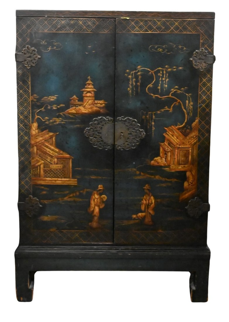 Japanned Decorative Cabinet: Japanned Decorative Cabinet having two doors decorated with village scenes and sides having floral decoration height 37 1/2 inches, width 24 inches, depth 18 inches