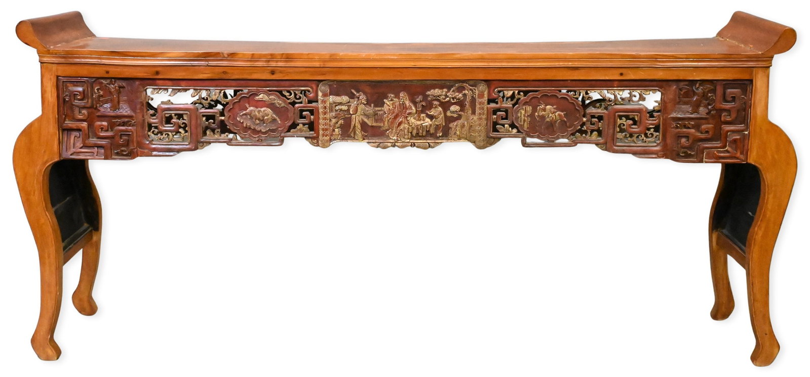 Chinese Hardwood Altar Table: Chinese Hardwood Altar Table having carved skirt height 39 1/2 inches, top 17 1/2" x 84 3/4"