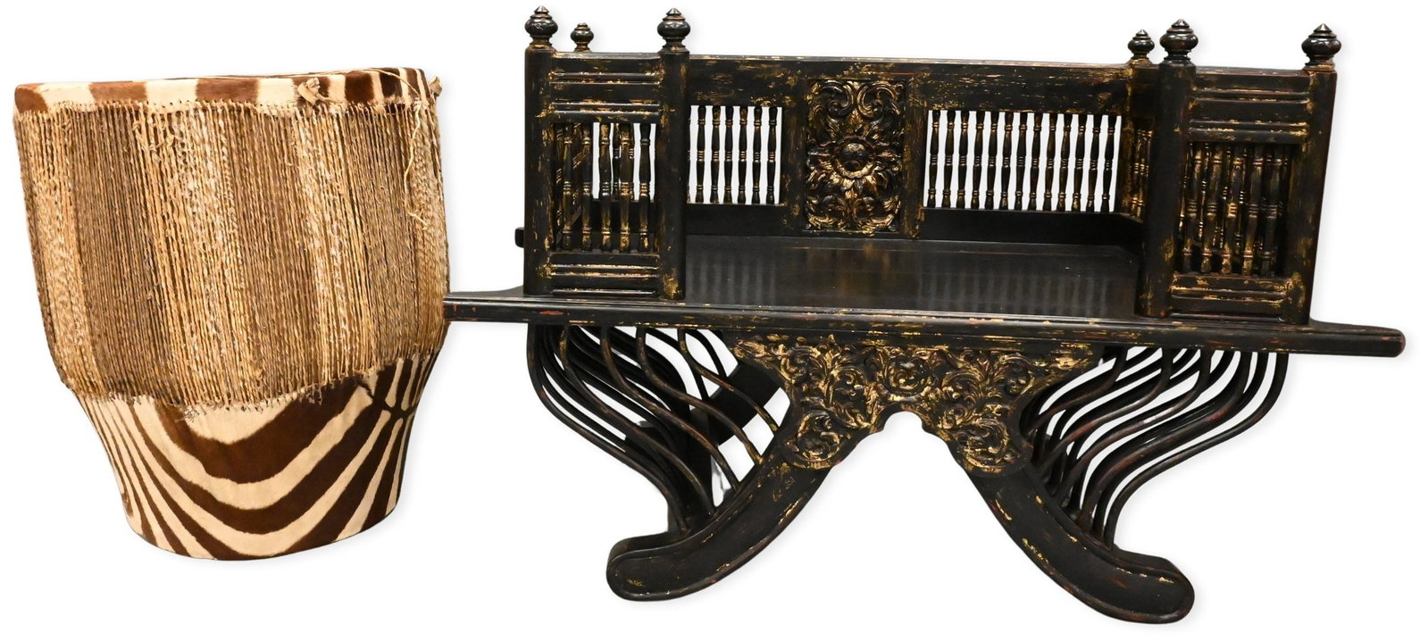 Indian Howdah / Bench: Indian Howdah / Bench along with Zebra Covered Drum having spindle back and sides, hardwood, along with Zebra covered drum, drum height 25 inches, diameter 22 inches probably 19th Century height 27