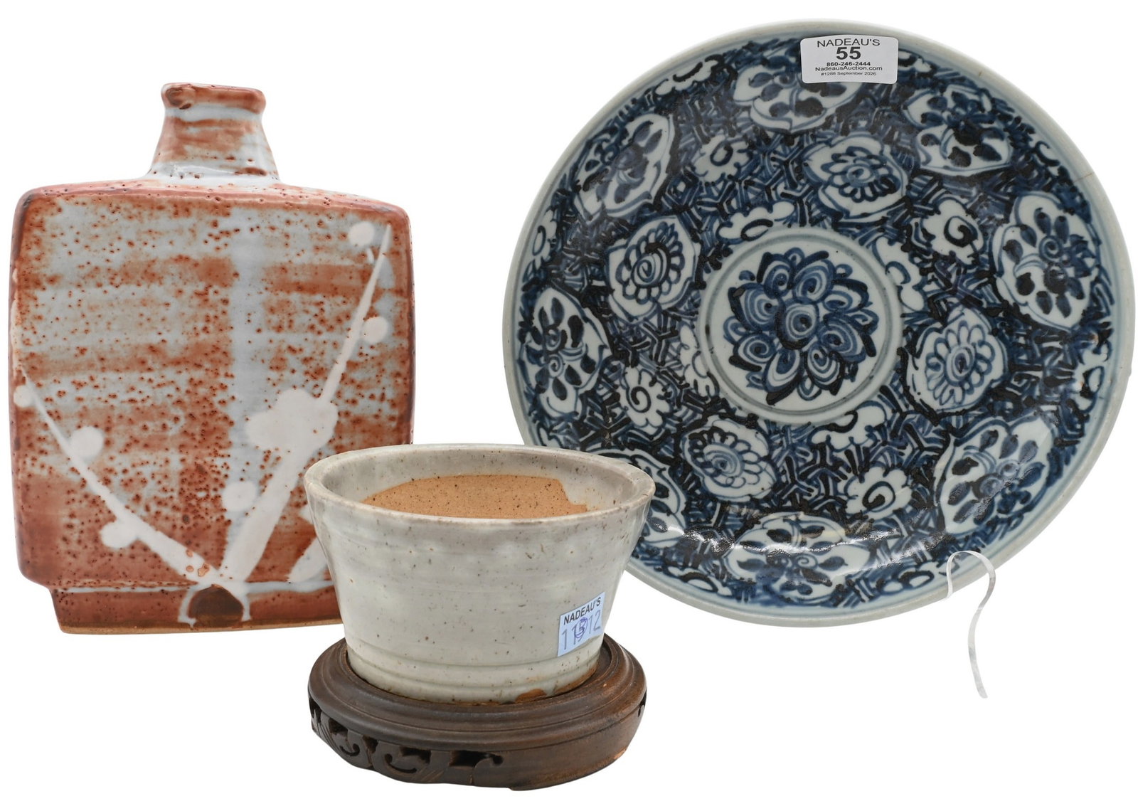 Three-Piece Asian Pottery Group: Three-Piece Asian Pottery Group to include Chinese Ming style blue and white porcelain dish decorated in underglaze blue floral medallions; Korean porcelain brush washer having flared sides, unglazed