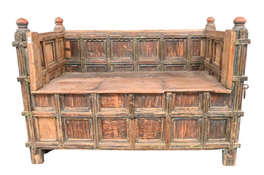 Indian / Syrian Oak Paneled Bench: Indian / Syrian Oak Paneled Bench having lift top compartment opening to storage height 44 inches, width 57 inches, depth 29 1/2 inches