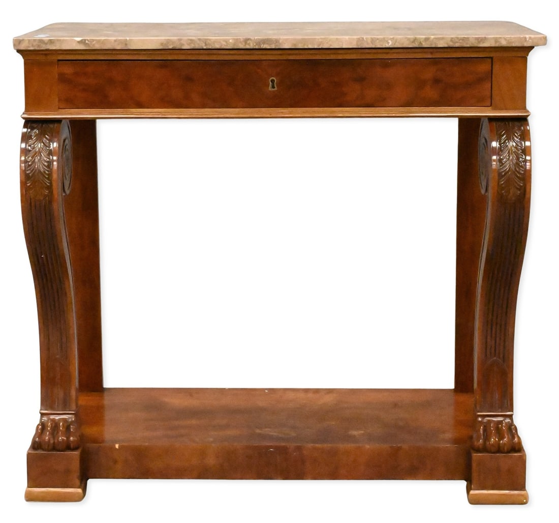 Grey Marble Top Pier Table: Grey Marble Top Pier Table Empire mahogany having single drawer, raised on carved scroll supports ending in paw feet height 38 1/4 inches, width 36 3/4 inches