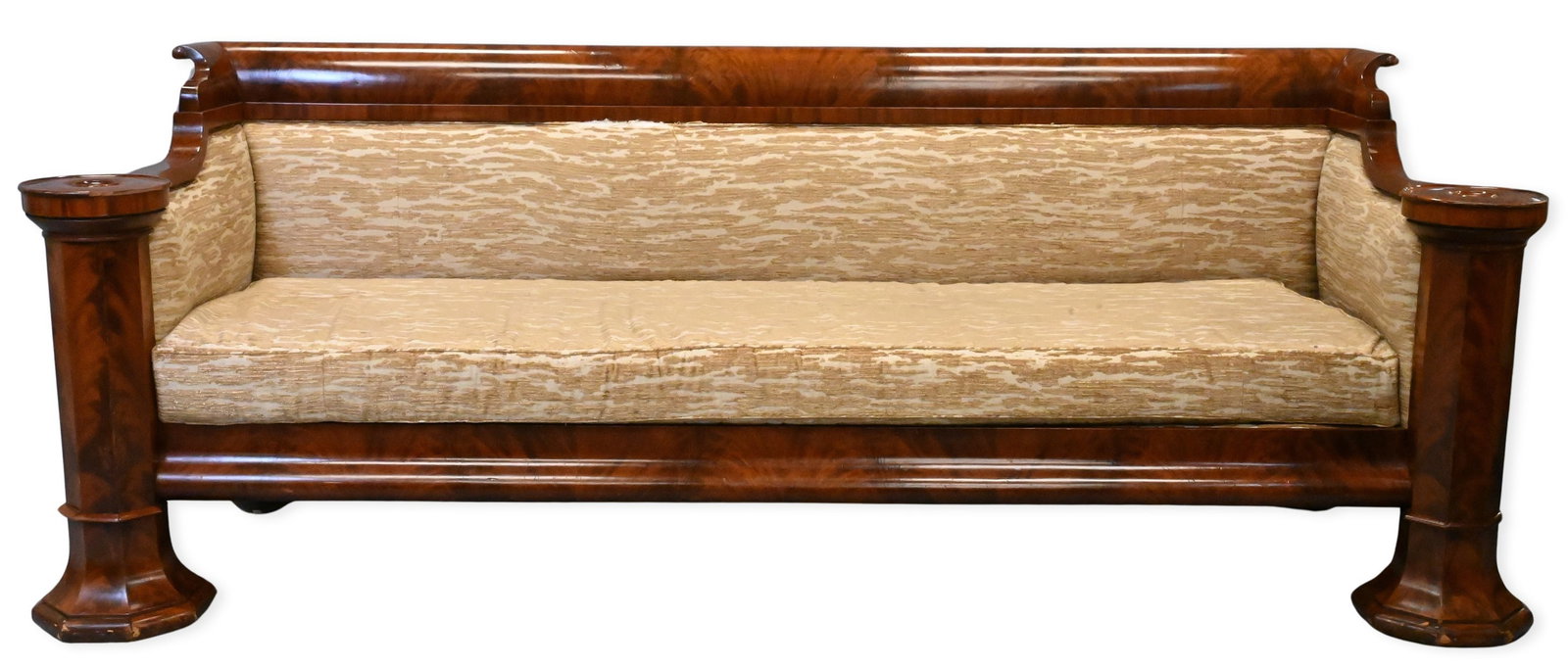 Mahogany Empire Sofa: Mahogany Empire Sofa frame having flared back and eight sided column arm supports with round tops, upholstery with minor tears, chips to arms height 35 inches, length 90 inches, depth 34 inches