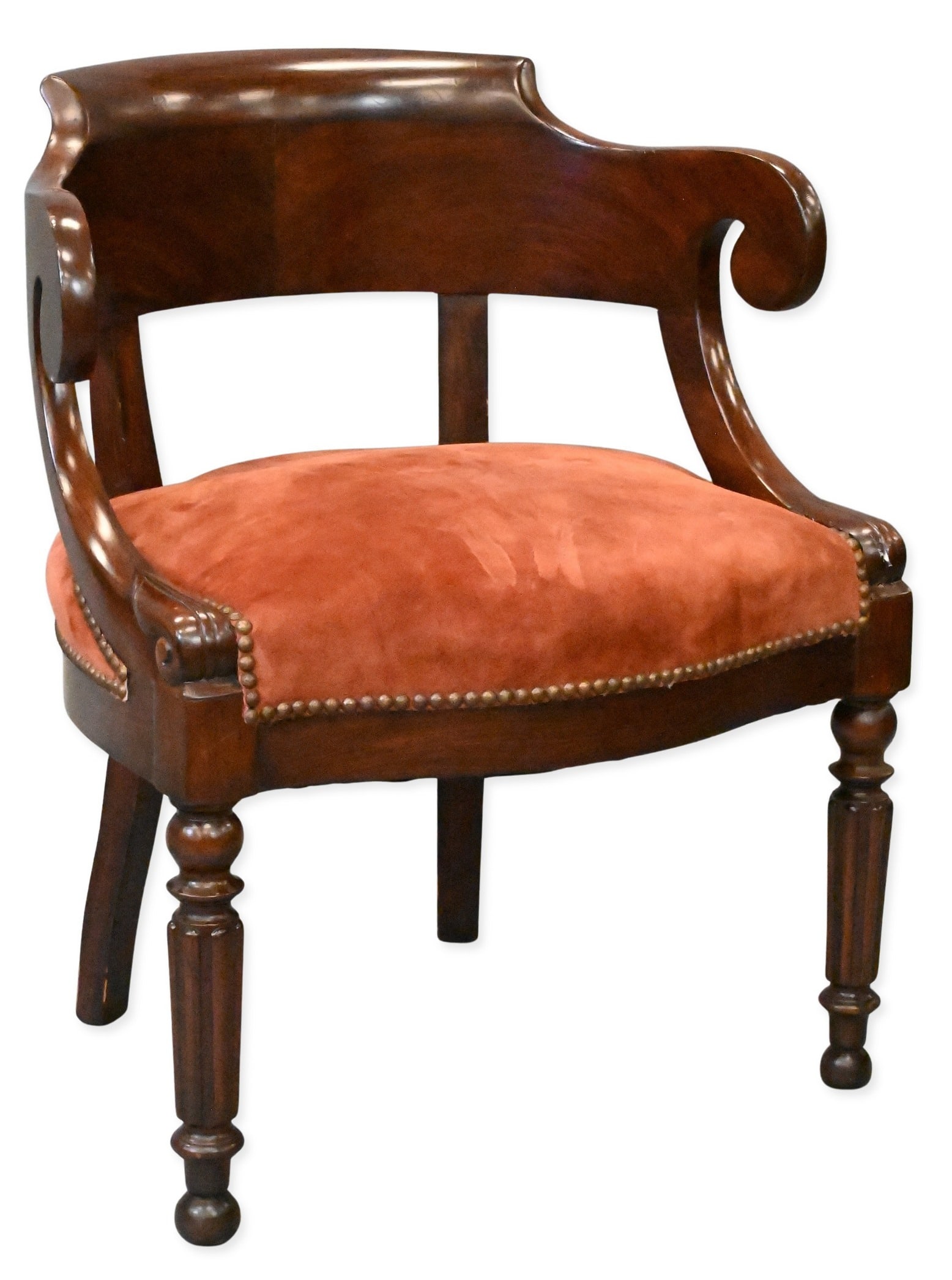 Grain Painted Empire Library Chair: Grain Painted Empire Library Chair having shaped back over custom upholstered seat set on fluted turned legs, 19th century height 30 1/2 inches, width 25 inches