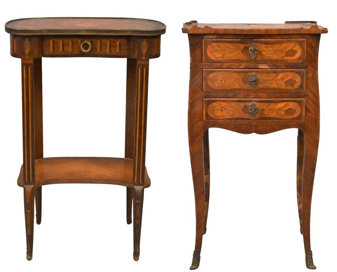 Two Louis XV Style Stands: Two Louis XV Style Stands inlaid marquetry stand having three drawers and set on tall cabriole legs, chips to piece height 28 inches, top 11" x 16" stand having kidney-shaped top with brass trim,