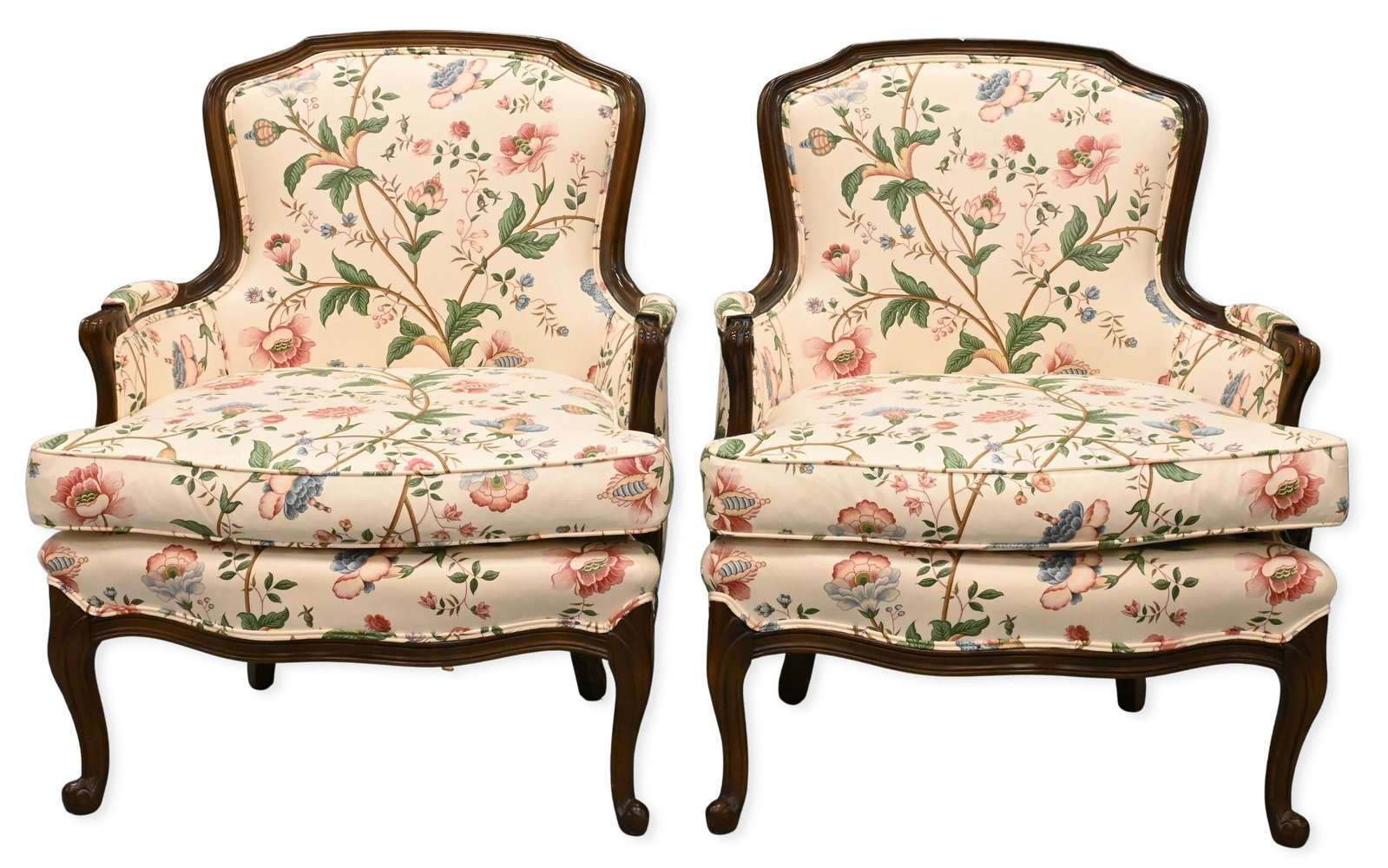 Pair of Chintz Upholstered Louis XV Style Bergeres: Pair of Chintz Upholstered Louis XV Style Bergeres height 34 1/2 inches, width 27 inches