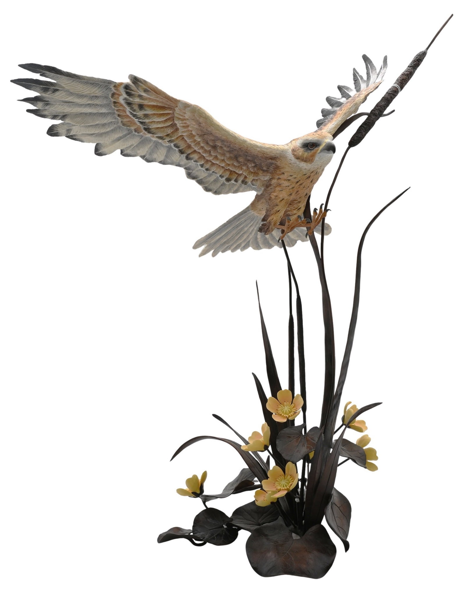 Boehm Porcelain "Marsh Harrier with Water Lilies," 1983: Boehm Porcelain "Marsh Harrier with Water Lilies," 1983 Glazed porcelain Boehm bird sculpture depicting a marsh harrier among water lilies, bronze leaves, and cattails Limited edition marked No. 274,
