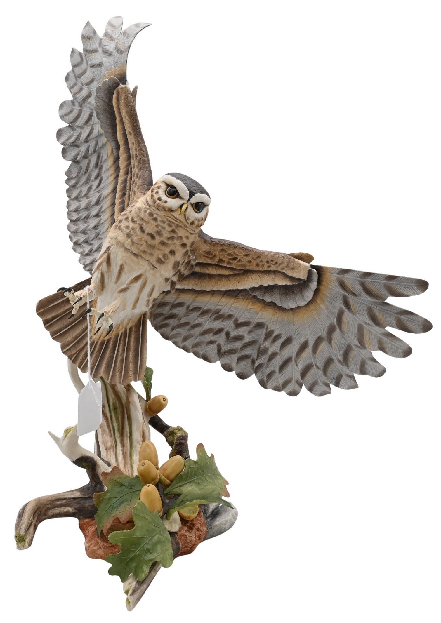 Boehm Porcelain "Little Owl with Oak," 1986: Boehm Porcelain "Little Owl with Oak," 1986 Glazed porcelain Boehm bird sculpture depicting a little owl in flight among oak branches and acorns Limited edition marked No.27, model 10166 Height 18