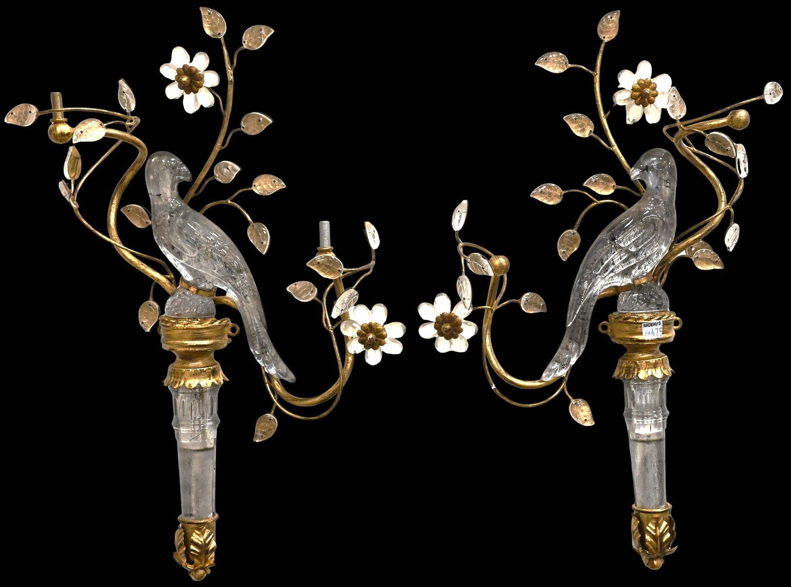 Pair of Maison Bagues Style Gilt Metal and Crystal Parrot Wall Sconces: Pair of Maison Bagues Style Gilt Metal and Crystal Parrot Wall Sconces Modeled as perched birds amid flowering vines, issuing two candle arms, embellished throughout in molded and cut crystal prisms