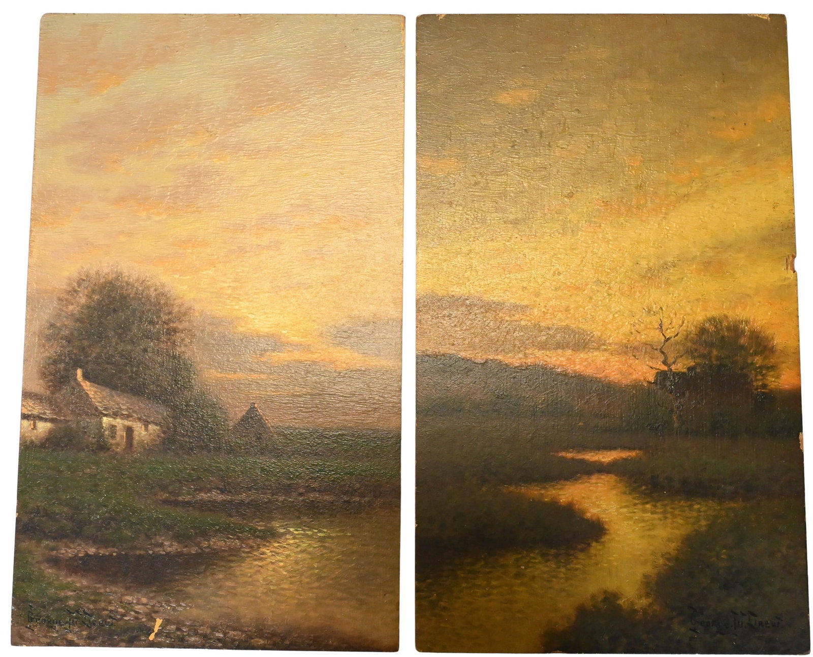 Two: George Drew (American, 1875–1968): Two: George Drew (American, 1875–1968) "Fishing House Sunset" Oil on board depicting a rural cottage beside a reflective stream beneath a glowing sunset sky Signed lower left George W. Drew, titled 