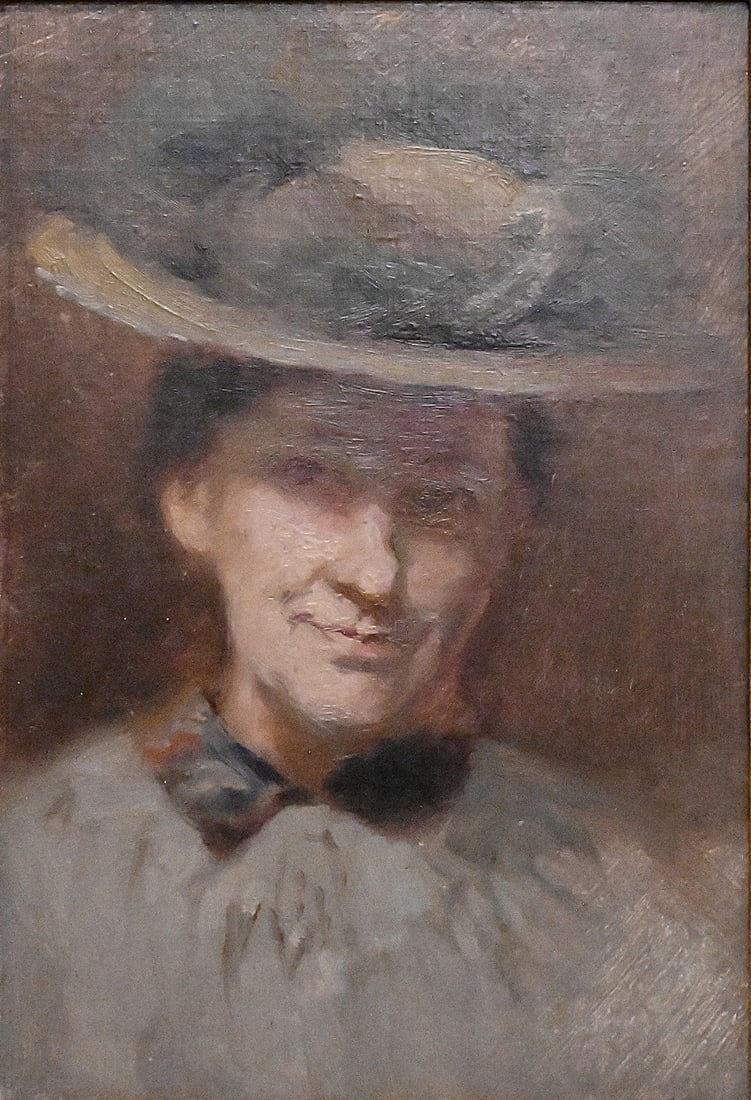 Minerva Josephine Chapman (American, 1858–1947): Minerva Josephine Chapman (American, 1858–1947) "Self Portrait" Oil on canvas depicting the artist wearing a feathered hat Titled on label verso 11" x 7 3/4" Provenance: Santa Fe East Gallery,