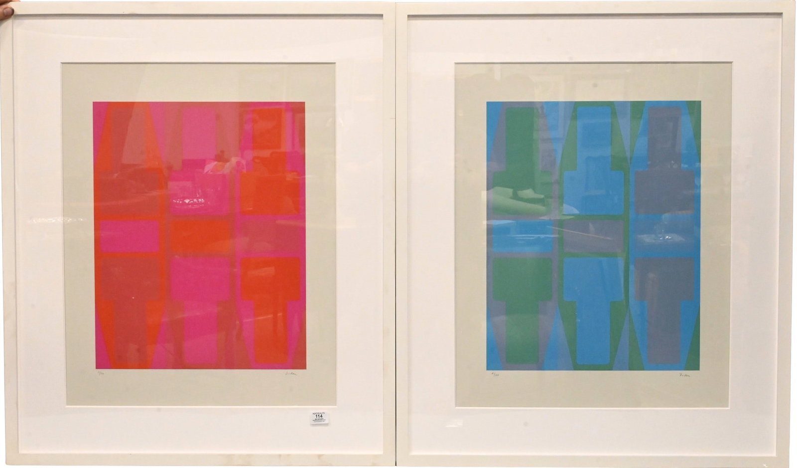 Set of Three: Arthur Boden (American, 1927-2019): Set of Three: Arthur Boden (American, 1927-2019) T Series (Green) T Series (Blue) T Series (Red) Serigraphs, each edition 21/100 Each signed lower right Boden 28" x 22" sight, 37 1/2" x 32" frame