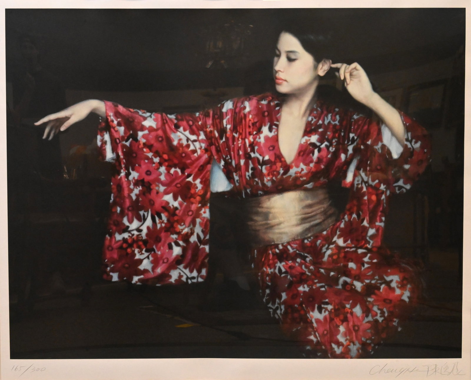 Chen Yifei (Chinese, 1946–2005): Chen Yifei (Chinese, 1946–2005) "The Red Kimono", 1986 Color lithograph on paper, edition 165/300, depicting a seated woman in a red kimono Signed in pencil lower right Chen Yifei, Certificate of