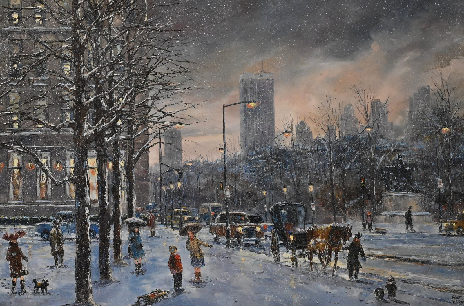 Robert Lebron (American, 1928–2013): Robert Lebron (American, 1928–2013) View of New York City's Central Park in Winter Oil on canvas depicting a busy New York street scene overlooking Central Park, featuring horse-drawn carriages,