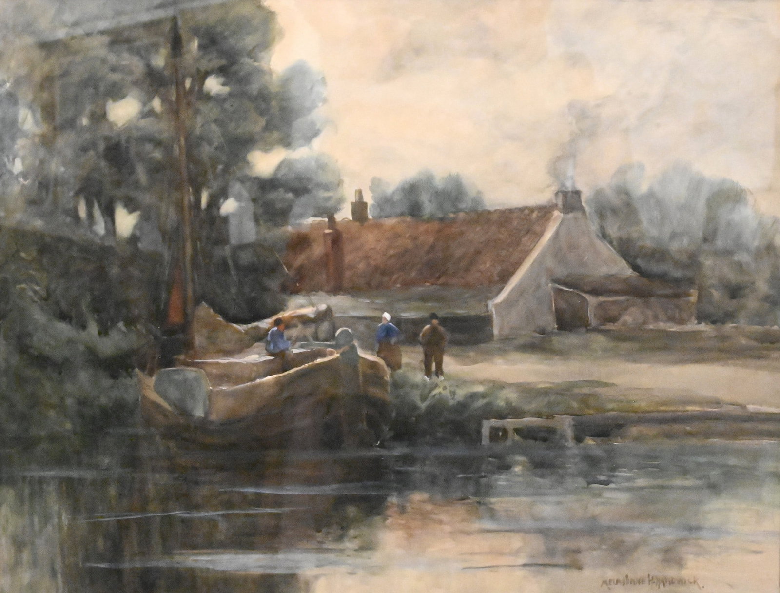 Melbourne Havelock Hardwick (American, 1857–1916): Melbourne Havelock Hardwick (American, 1857–1916) Fisherman Docked Beside a Cottage Watercolor and gouache on paper Signed lower right Melbourne H. Hardwick 18" x 24" sight, 27" x 32" frame