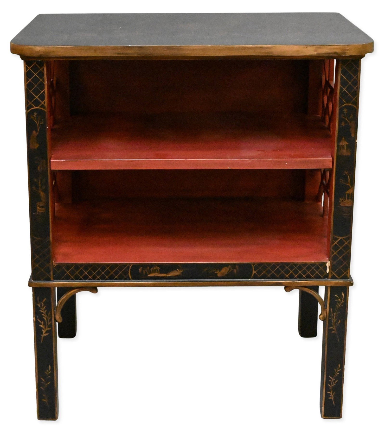 Chinoiserie Style Open End Table: Chinoiserie Style Open End Table having rectangular top over two open shelves decorated with gilt Chinoiserie landscapes and figures height 28 inches, length 24 1/2 inches, width 18 1/2 inches