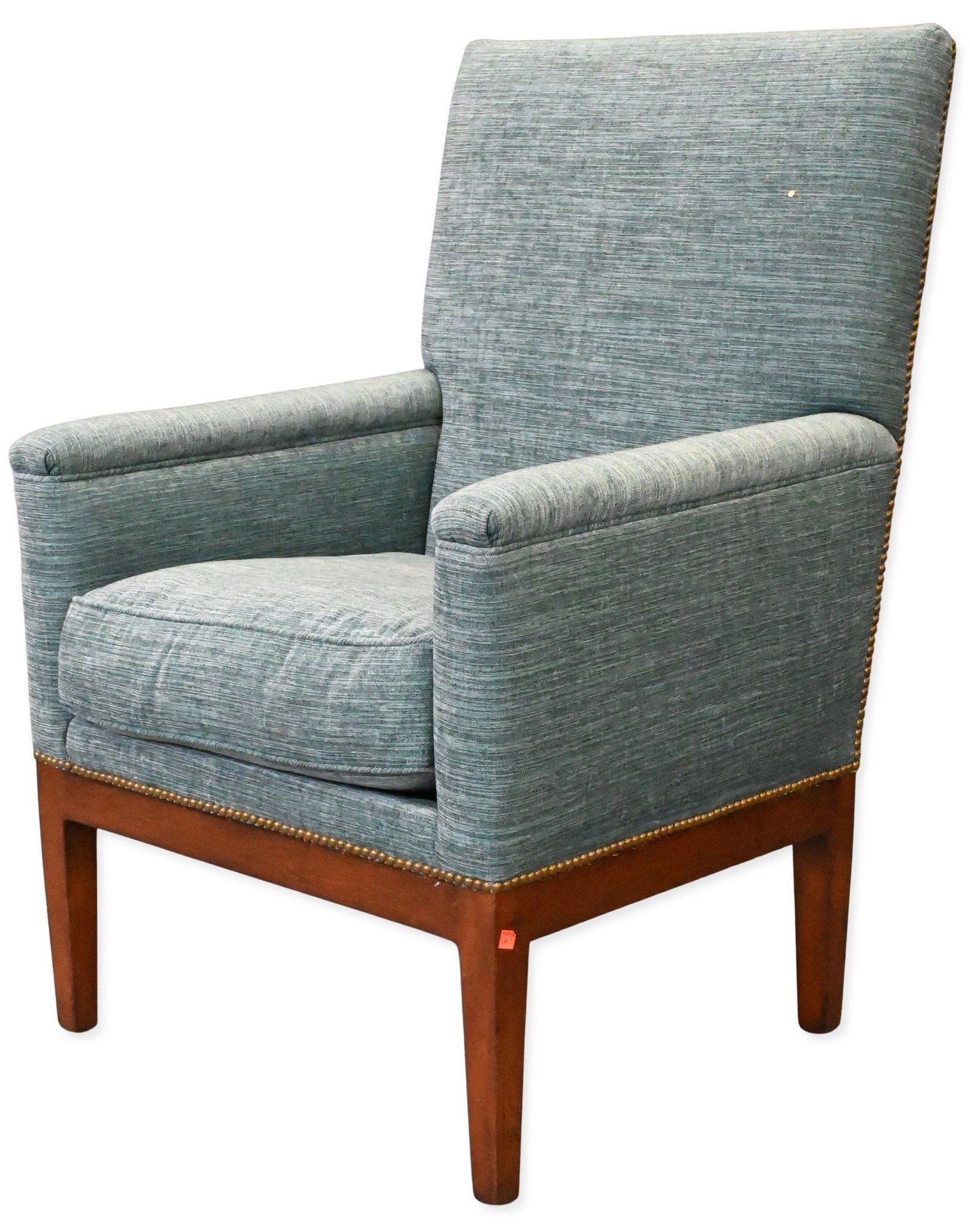Custom Upholstered Club Chair: Custom Upholstered Club Chair having tack design surround and set on wooden frame height 43 inches, width 27 inches