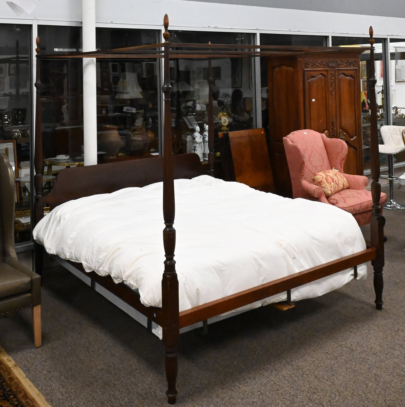 Eldred Wheeler Benchmade Federal Style King Size Bed: Eldred Wheeler Benchmade Federal Style King Size Bed complete with dark cherry shaped headboard, fluted posts, and tester, marked "Eldred Wheeler" on back of headboard height 89 inches, length 86