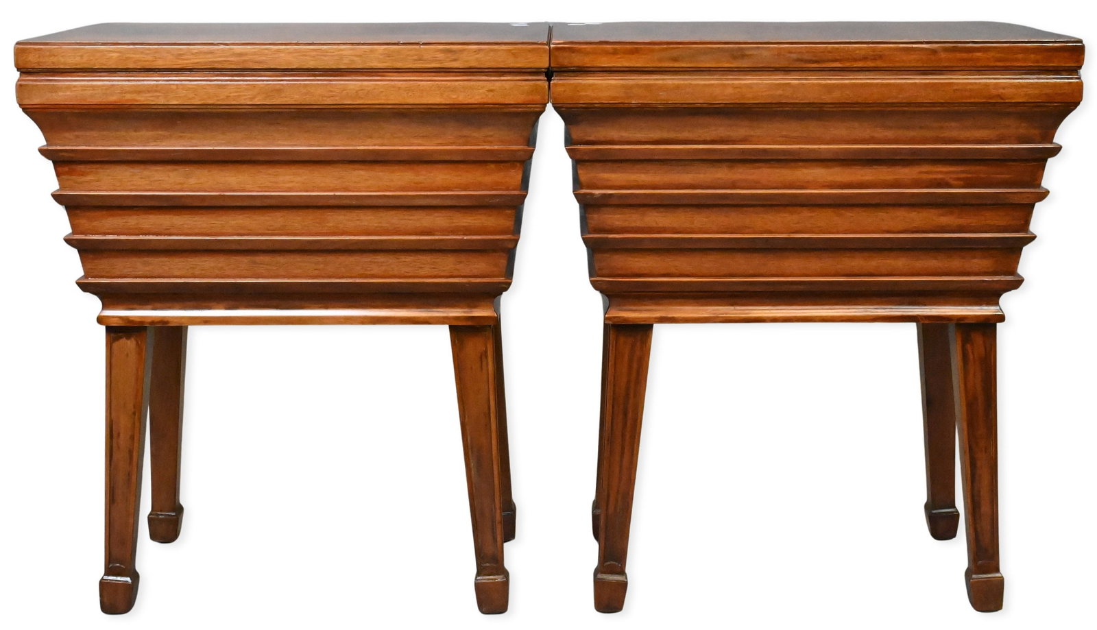 Pair of Mahogany Lift-Top Side Tables: Pair of Mahogany Lift-Top Side Tables having rectangular hinged top opening to storage compartment having stepped molded sides, ending in molded tapered legs height 28 inches, top 16" x 24"
