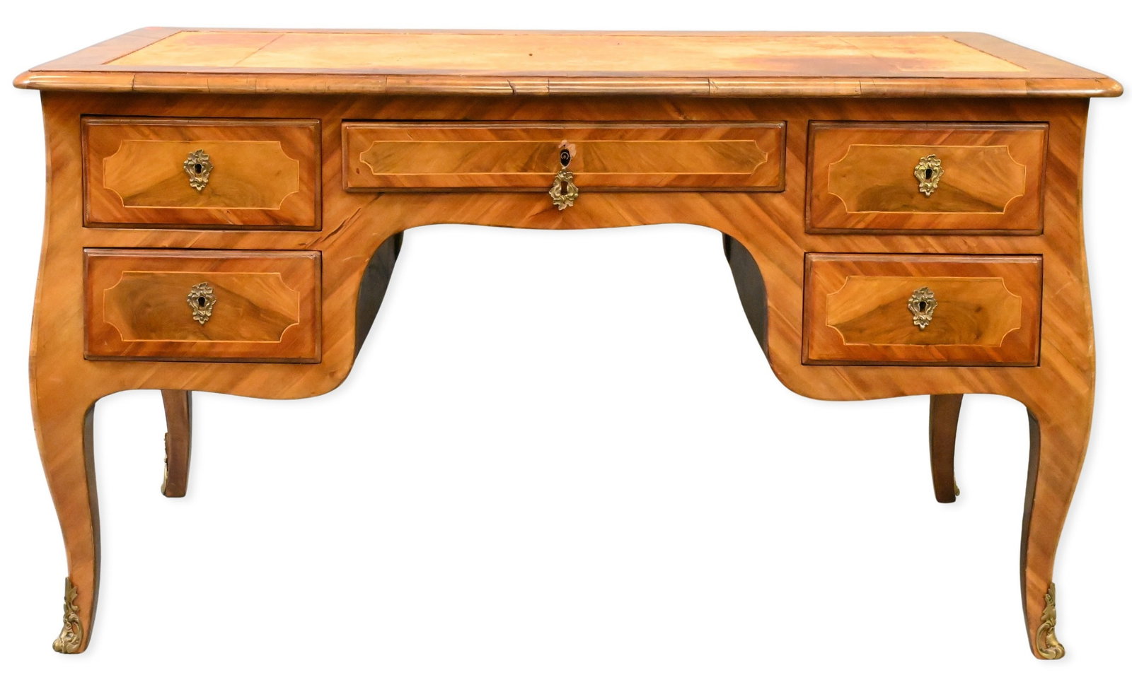 Continental Bureau Plat: Continental Bureau Plat with inset tooled leather over Bombay-style base with five drawers and five false drawers height 30 inches, top 30" x 53"