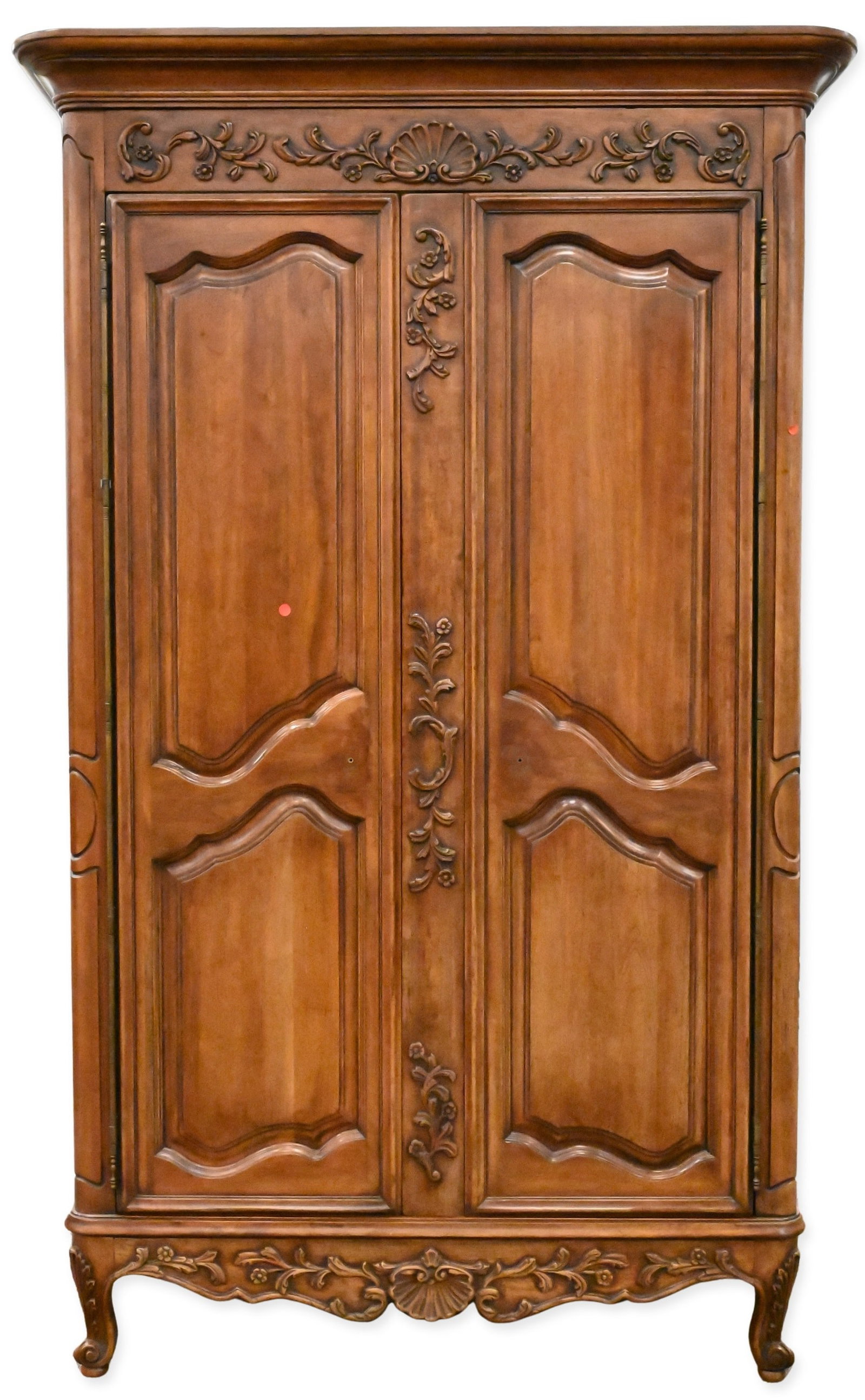 Davis Louis XV Style Walnut Armoire: Davis Louis XV Style Walnut Armoire marked Davis Cabinet Company on brass plate inside having shelves above three drawer casing half of the back is missing height 85 inches, width 46 1/2 inches,