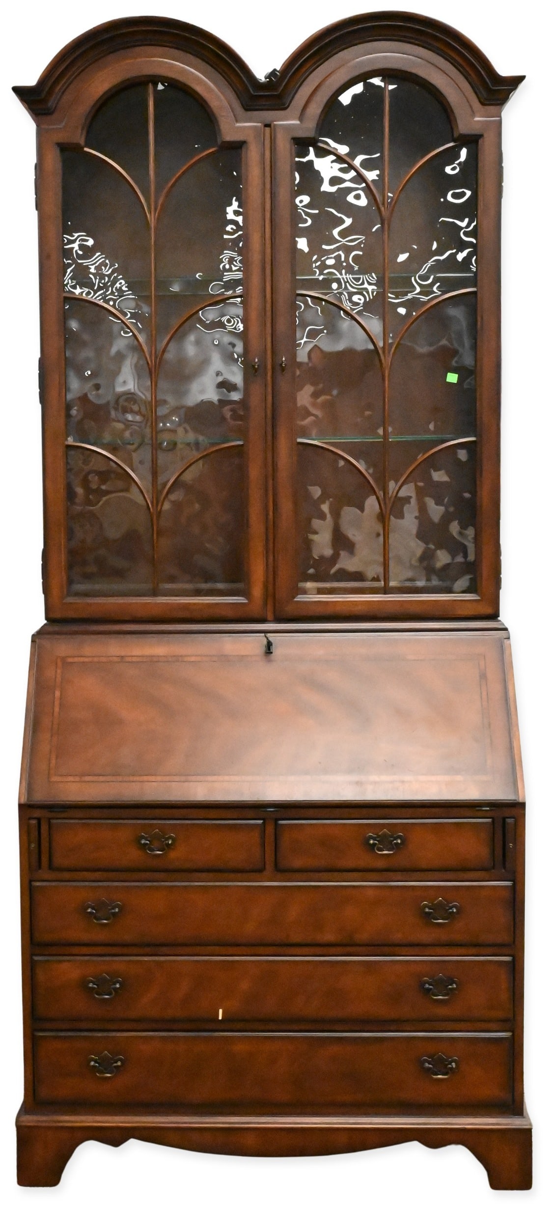 Drexel Heritage Mahogany Queen Anne Style Secretary: Drexel Heritage Mahogany Queen Anne Style Secretary in two parts, top having two glass doors opening to glass shelves, set on base having drop-front opening to a writing surface over two over three
