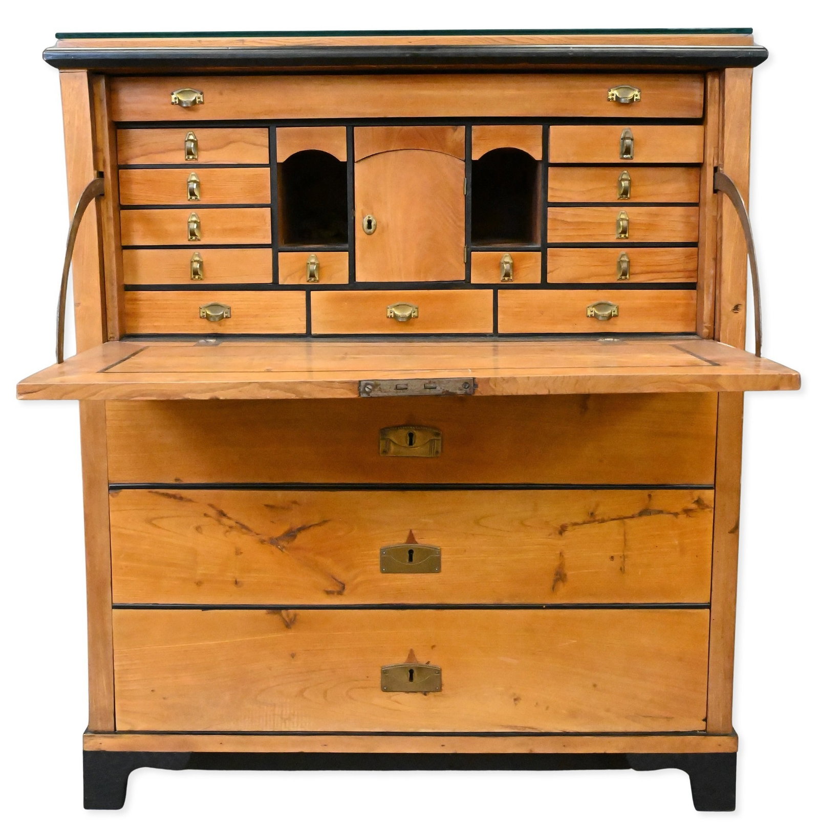 Continental Secretary Abbontont: Continental Secretary Abbontont having drop front opening to fitted interior, over three drawers, set on ebonized bracket feet, having protective glass top height 49 inches, width 42 inches, depth 20