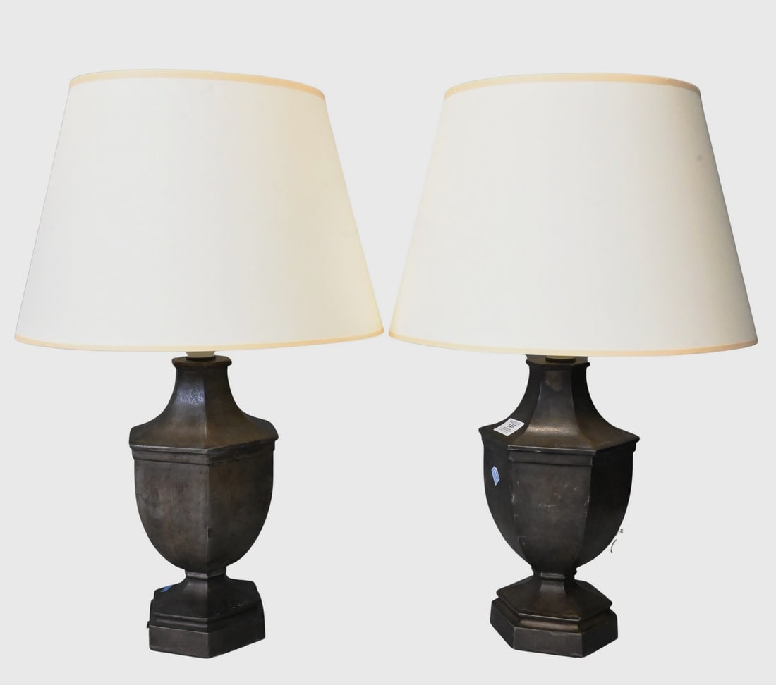 Pair of Visual Comfort Classical Style Urn Table Lamps: Pair of Visual Comfort Classical Style Urn Table Lamps in antique iron colored finish height 26 inches