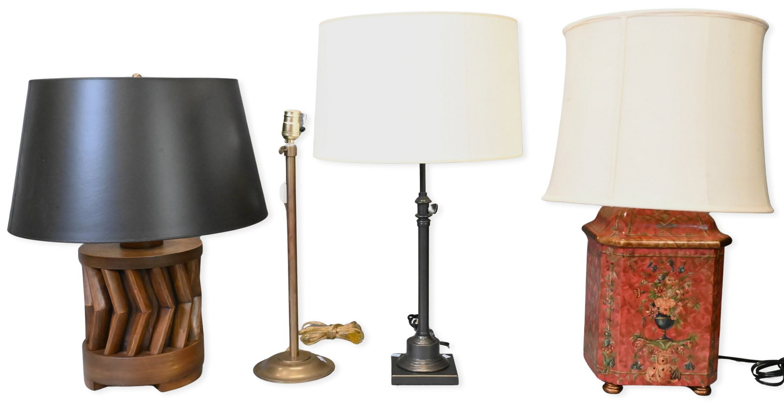 Four Designer Table Lamps: Four Designer Table Lamps to include Carved wood barrel form table lamp featuring geometric zigzag body, height 23 inches, brass adjustable table lamp by Concord; along with Restoration Hardware