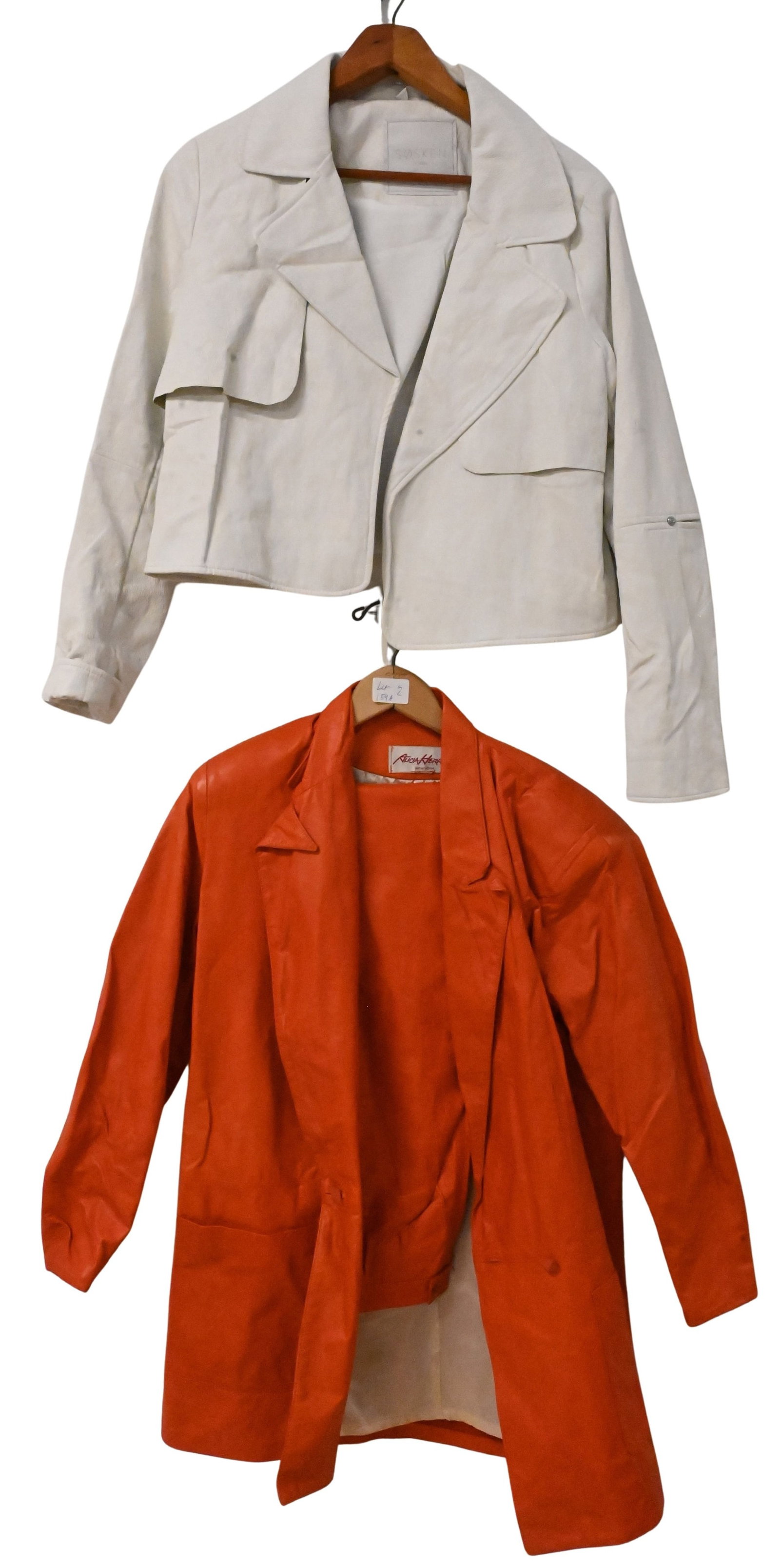 Two Women's Leather Blazers: Two Women's Leather Blazers to include Sosken Studios white leather jacket and Alicia Herrera orange leather jacket having matching pair of pants